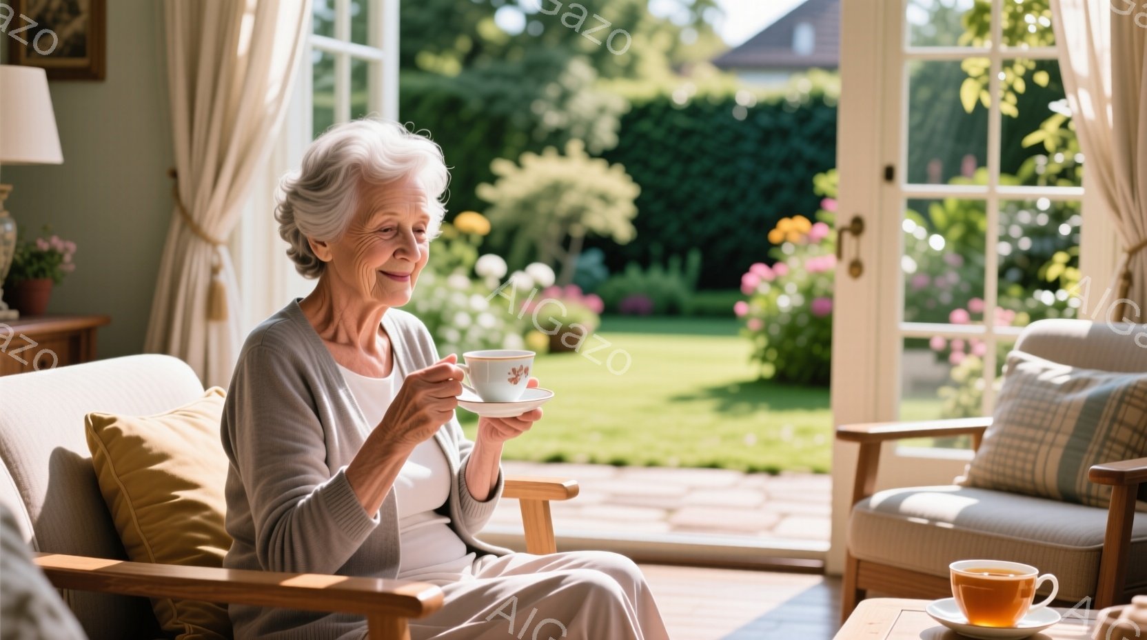 白髪の女性が、明るいリビングルームの肘掛け椅子に座り、片手にカップを持って微笑んでいます。彼女はグレーのセーターを着ており、リラックスした表情を浮かべています。背景には、緑豊かな庭園とパティオが見え、晴れた日の穏やかな雰囲気が感じられます。