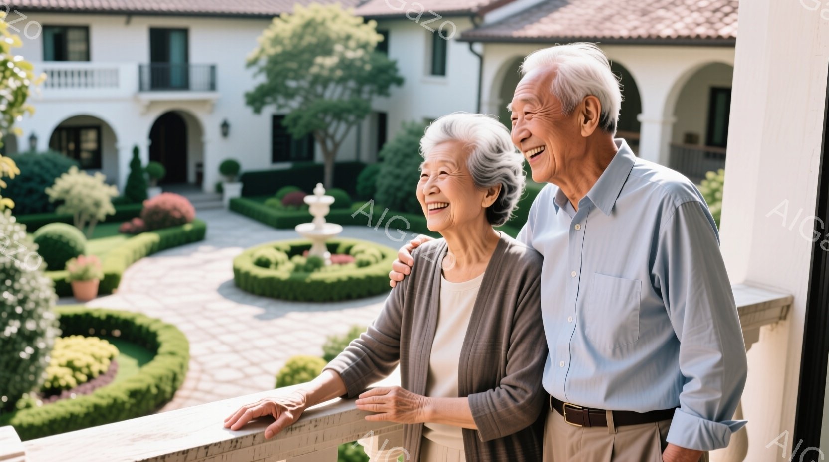 白髪の高齢の夫婦がバルコニーの手すりに寄りかかり、笑顔で遠くを見つめている。女性はグレーのカーディガンに薄い色のシャツを着ており、男性は薄い青色のシャツとベージュ色のズボンを着用している。背景には、整 - AI生成フリー素材