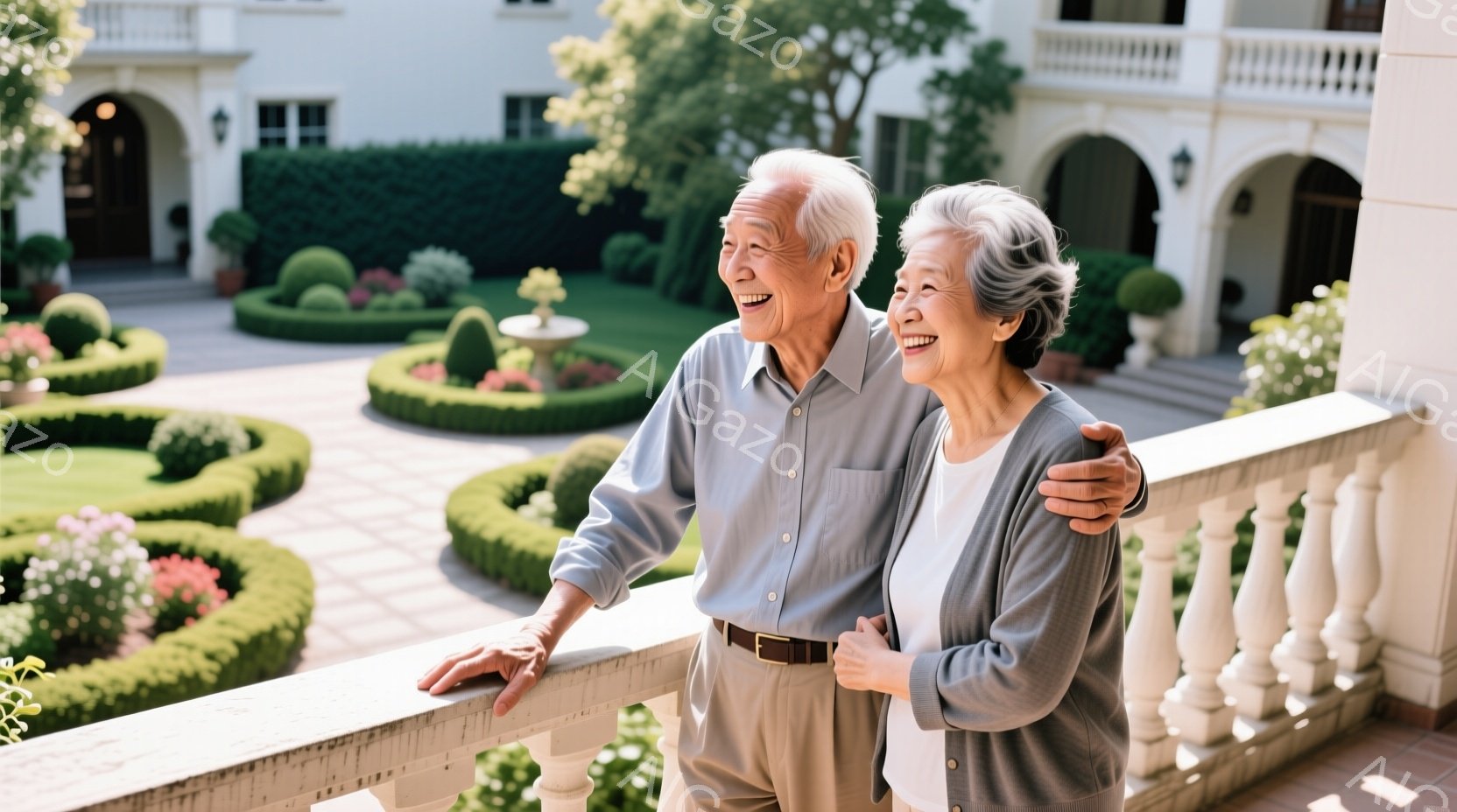 白髪の老夫婦がバルコニーの手すりに寄りかかり、笑顔で遠くを見つめています。男性は薄いブルーのシャツにベージュのズボン、女性はグレーのシャツを着ており、共に穏やかな表情をしています。背景には緑豊かな庭園 - AI生成フリー素材
