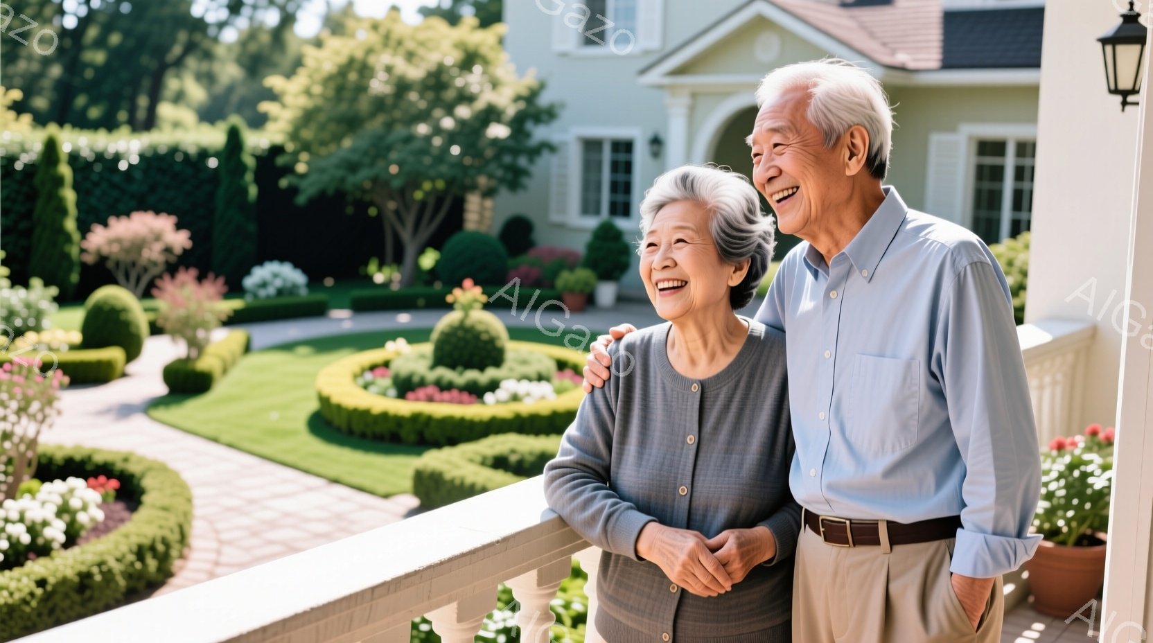 高齢の夫婦が庭を見下ろして立っています。女性は濃い紫色のカーディガンを着ており、ショートヘアで微笑んでいます。男性は水色のシャツとベージュ色のズボンを着用し、女性の肩に腕を回して楽しそうに笑っています - AI生成フリー素材