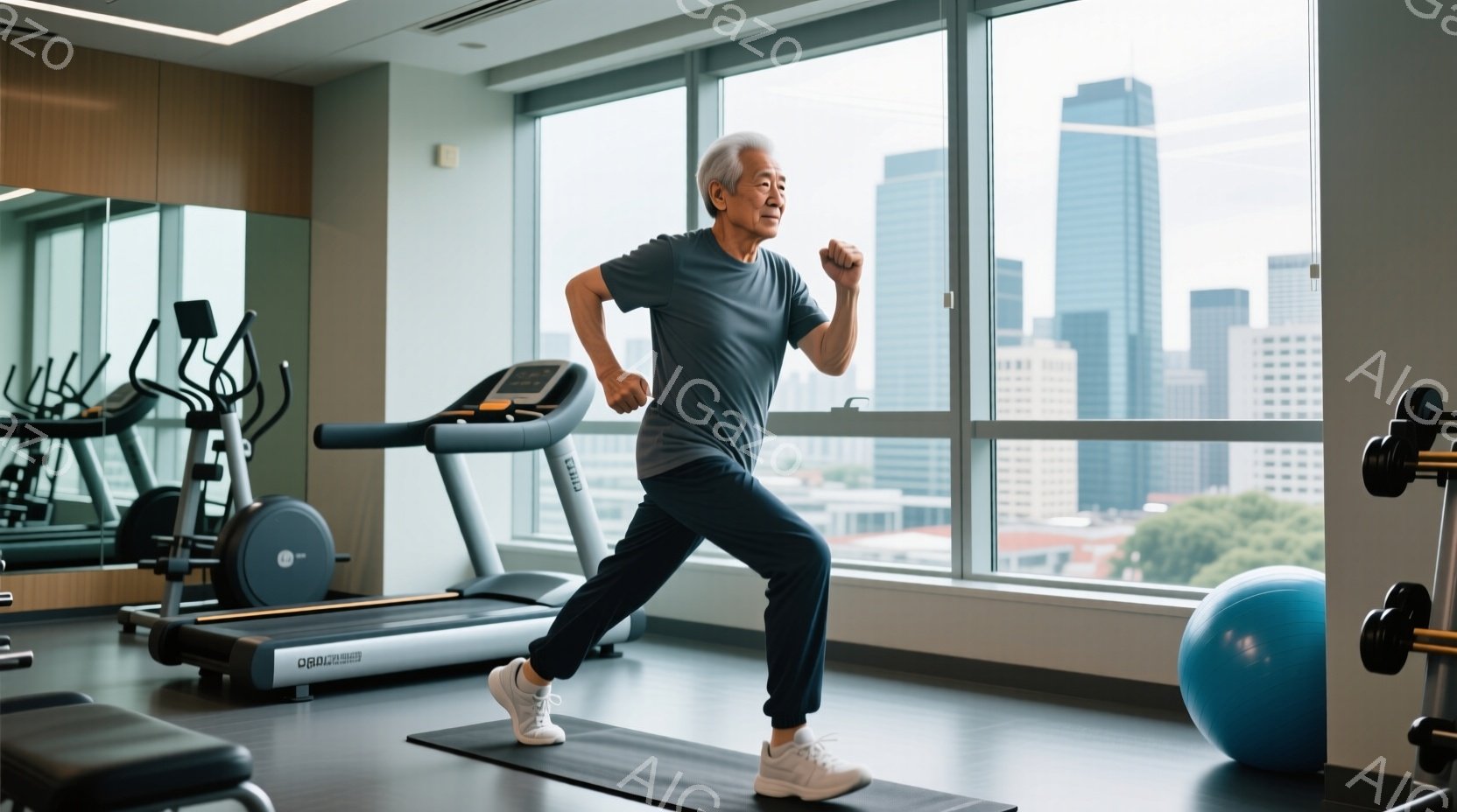 高齢の男性がジムで運動をしている様子が写っている。彼はグレーの長袖シャツと紺色の運動ズボンを着用し、白いスニーカーを履いている。背景には高層ビルが見える窓があり、晴れた日の景色が広がっている。