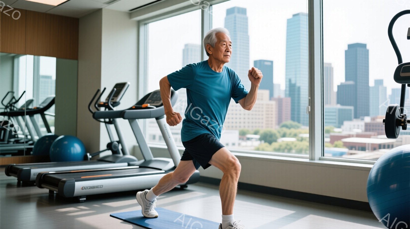 高齢の男性がジムのトレッドミルで走っている様子が写っている。彼は青いTシャツと黒いショーツを着用し、白い靴を履いている。背景には高層ビル群が広がり、晴れた空と穏やかな天候がうかがえる、健康的で活力に満 - AI生成フリー素材