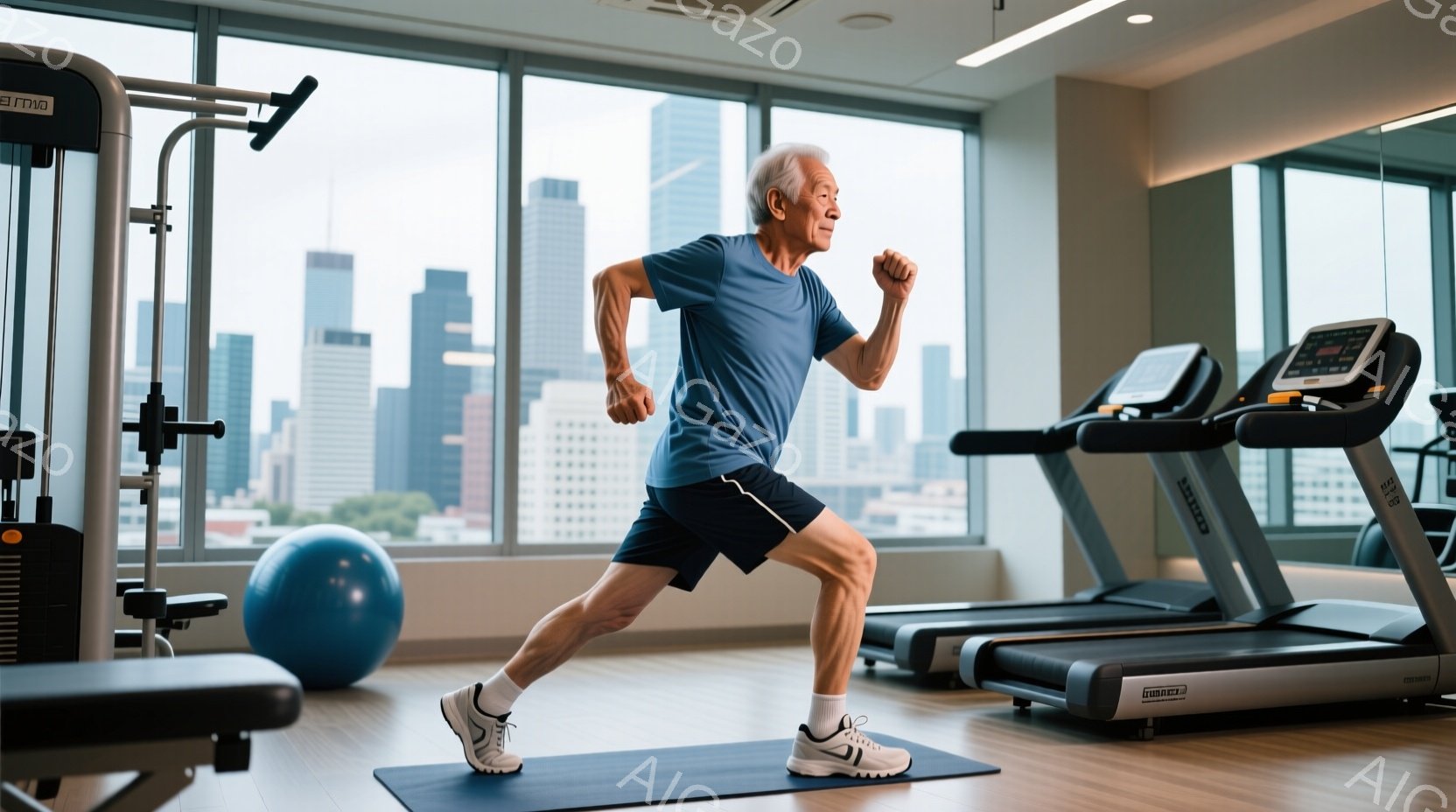 筋トレジムで、高齢の男性がランニングフォームで運動している様子が写っている。彼は青いTシャツと紺色の短パンを着用し、白の靴と靴下を履いている。背景には高層ビル群が見え、晴れた日の穏やかな雰囲気が感じられる。