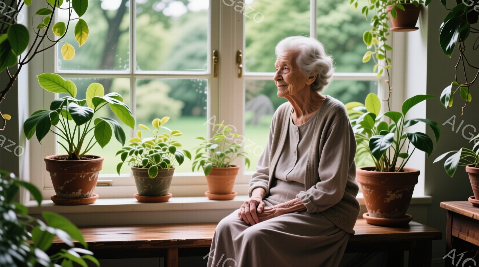 白髪の女性が窓辺に座り、穏やかな表情で遠くを見つめている。ベージュ色のニットワンピースを着ており、姿勢は穏やかで、周囲の植物に囲まれている。窓の外には緑豊かな庭園が広がり、柔らかな光が差し込み、全体的 - AI生成フリー素材