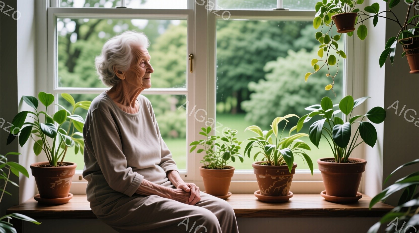 白髪の老婦人が窓辺に座り、何かに思い耽っている。彼女はベージュ色のゆったりとした服を着ており、表情は穏やかで少し物憂げだ。背景には緑豊かな庭が見え、日差しが差し込み、穏やかで静かな雰囲気を醸し出してい - AI生成フリー素材