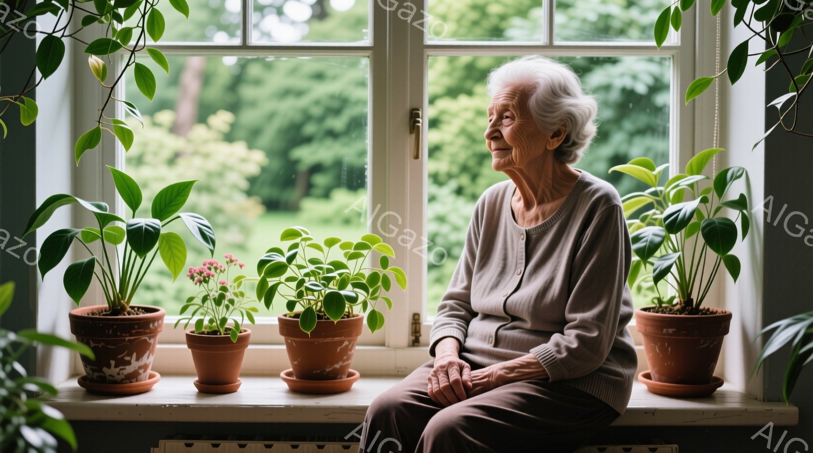 白髪の老婦人が窓辺に座り、物思いにふけっています。彼女は灰色のカーディガンと濃い色のパンツを身につけ、穏やかな表情を浮かべています。背景には緑豊かな庭が見え、窓辺には鉢植えの植物が並び、静かで落ち着いた雰囲気を醸し出しています。