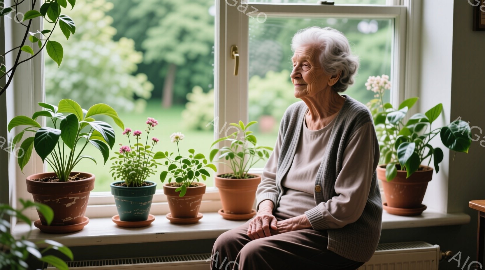 白髪で巻いた髪の高齢の女性が、窓辺に座って遠くを見つめています。彼女はベージュのセーターと茶色のズボンを身に着け、穏やかで物憂げな表情を浮かべています。背景には緑豊かな庭が見え、窓辺には様々な植物が置かれ、静かで落ち着いた雰囲気を醸し出しています。