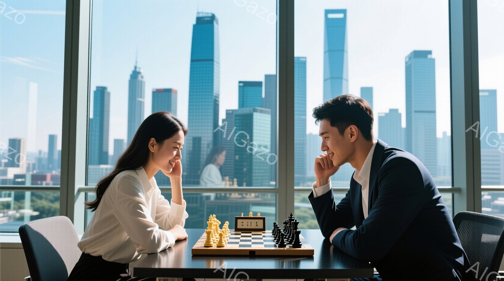 窓際に置かれたチェス盤を挟んで、一人の女性と男性が対峙している。女性は白いブラウスを着ており、髪は後ろでまとめられている。男性は紺色のスーツを着て顎に手を当て、女性は微笑みながらチェス盤を見つめている。