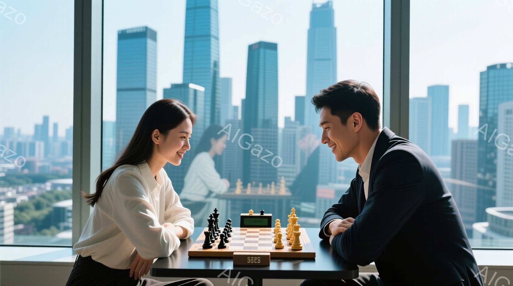 若い男女がチェス盤を挟んで向かい合って座っており、互いに微笑みながらゲームを楽しんでいる様子が伺える。女性は白いブラウスを着ており、髪は後ろで一つにまとめられている。背景には高層ビル群が広がり、遠くには緑が見え、晴れた日の穏やかな雰囲気が漂っている。