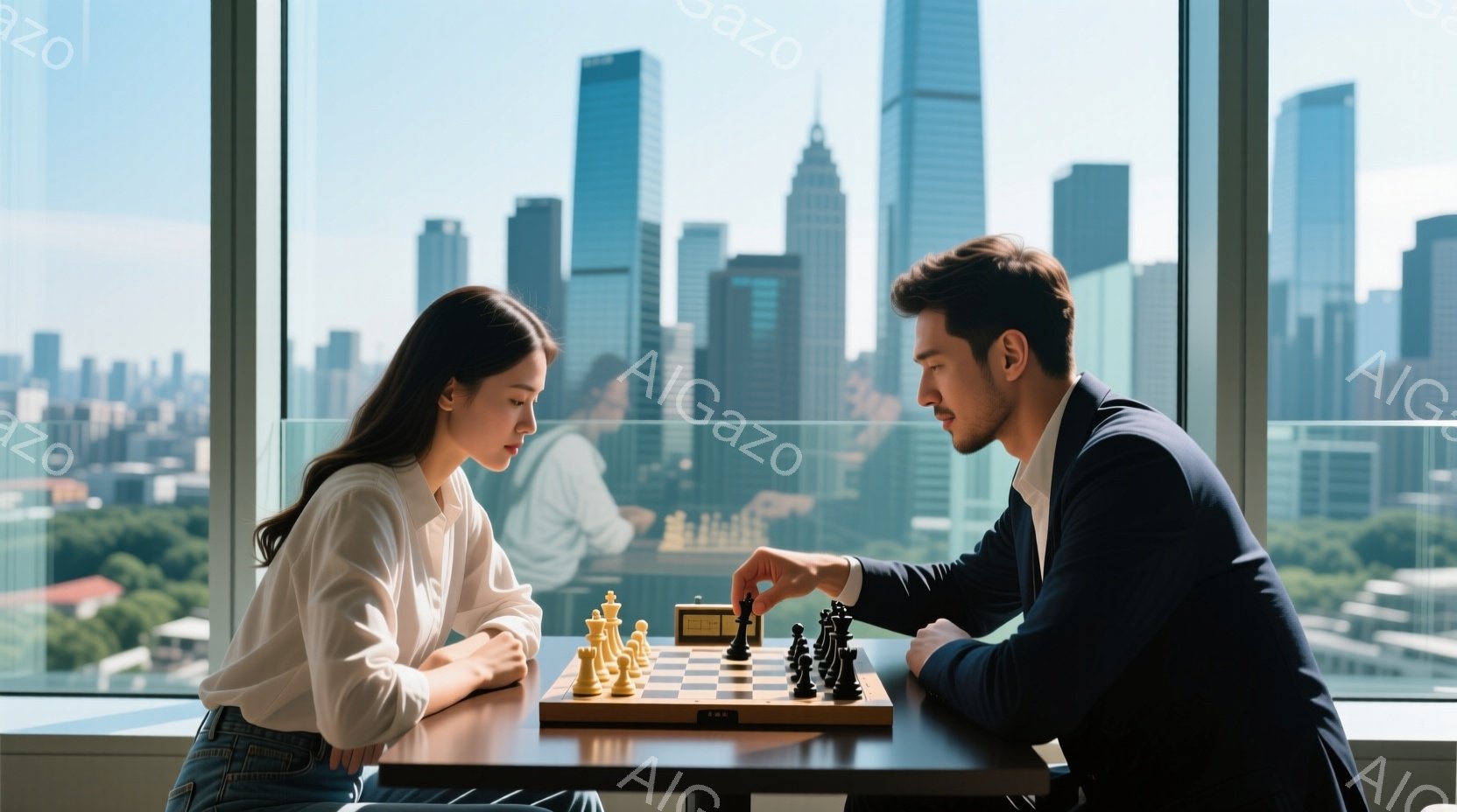 室内でチェスをしている若い男女が写っている。女性は白いブラウスとジーンズを着ており、長い黒髪は後ろでまとめられている。男性は紺色のスーツを着ており、集中した表情で駒を動かしている。