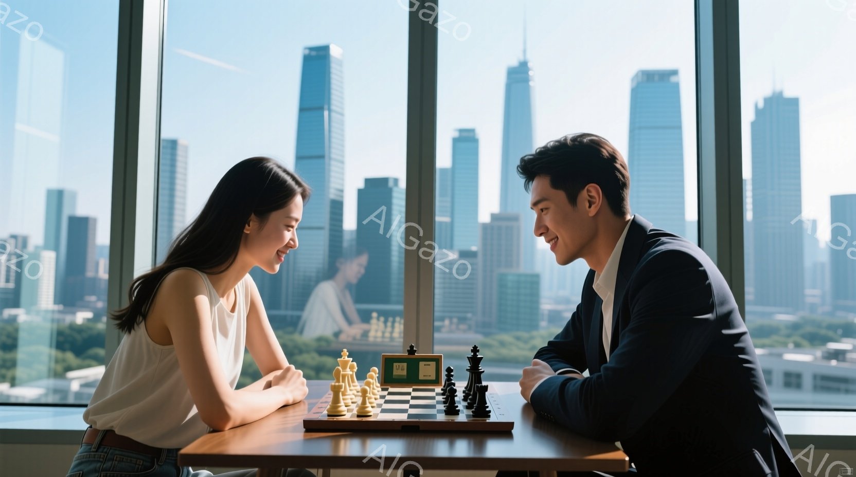 カップルがチェスをする中、背景には高いビルが見える。女性は白のハーフサイズトップを着ており、男性はジャケットを着ている。両者とも微笑みながら過ごしている様子で、背景の日本橋のようなビルに対する風景は美しく明るく、陽気な雰囲気があります。