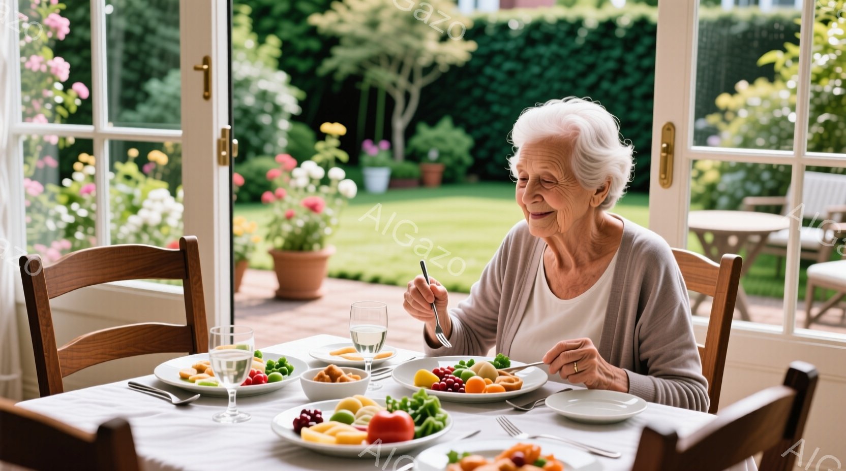 白髪で緩やかな笑顔を浮かべた高齢の女性が、白いシャツを着て食事をしている。彼女はフォークとナイフを使って皿のフルーツサラダを食べており、リラックスした姿勢で穏やかな時間を過ごしているようだ。背景には緑豊かな庭園と明るい日差しが見え、温かく平和な雰囲気が漂っている。