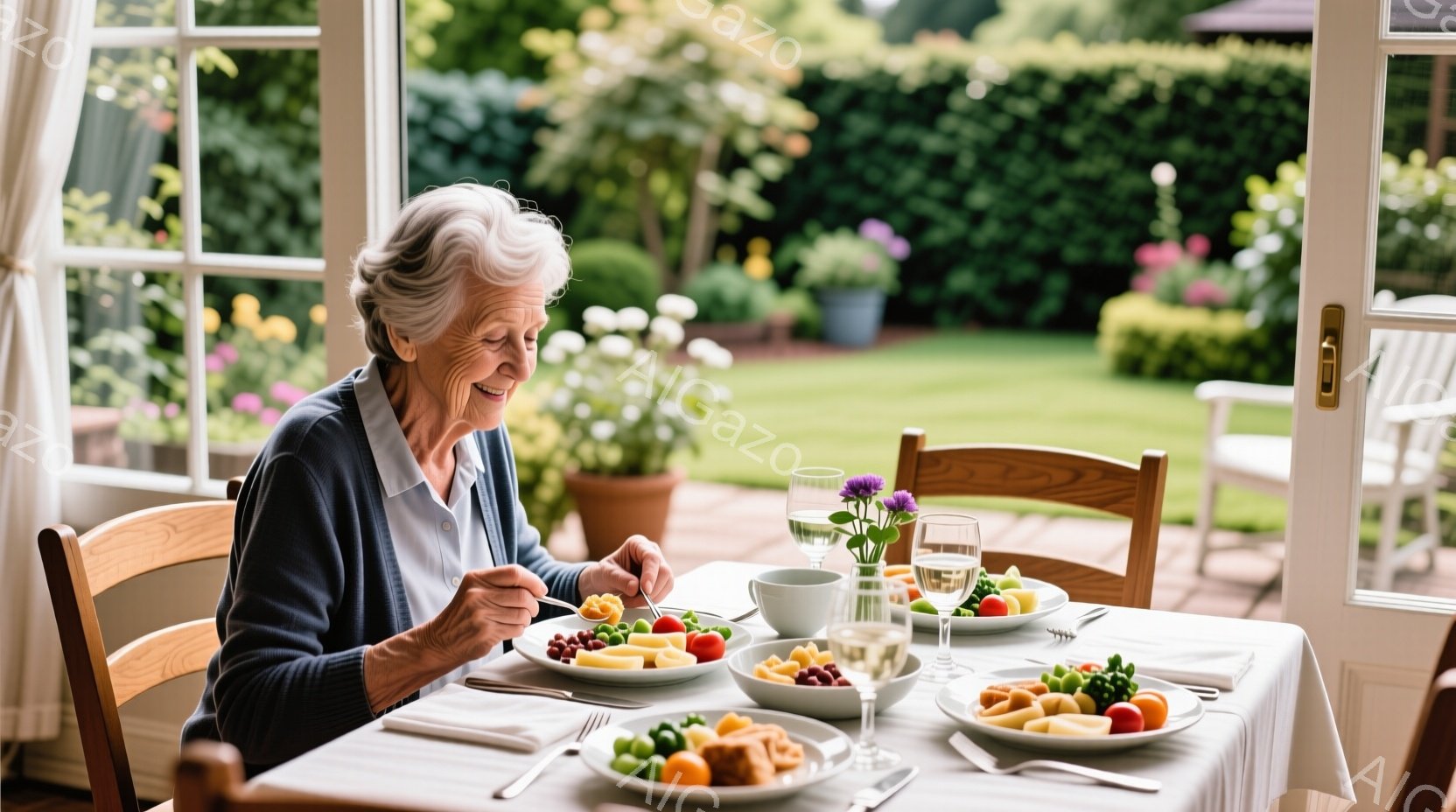白髪の女性が庭を望む窓際のテーブルで食事をしている。彼女は薄いブルーのカーディガンを着ており、穏やかな笑顔を浮かべている。テーブルにはサラダやフルーツ、軽食が並べられ、春らしい花が飾られている。 - AI生成フリー素材