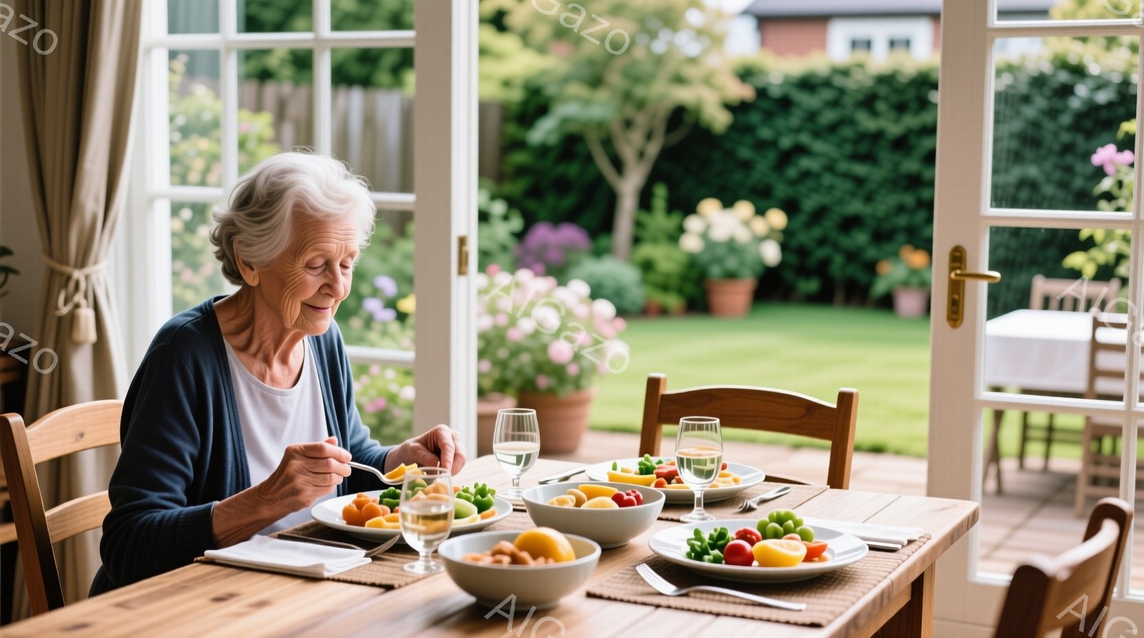白髪の女性がダイニングテーブルで食事をしている。彼女は濃い青色のトップスを着ており、穏やかな表情でサラダをフォークでつついている。背景には緑豊かな庭があり、明るい日差しが差し込み、落ち着いた家庭的な雰囲気が漂っている。