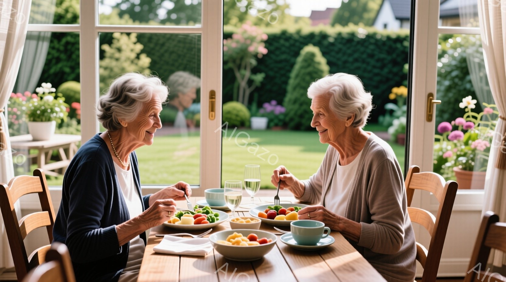 白髪の女性二人が、明るい室内で食卓を囲み、食事を楽しんでいる様子が描かれています。二人はそれぞれ薄いグレーのセーターを着ており、穏やかな笑顔を浮かべて互いを見つめ合いながら食事をしています。背景には緑 - AI生成フリー素材