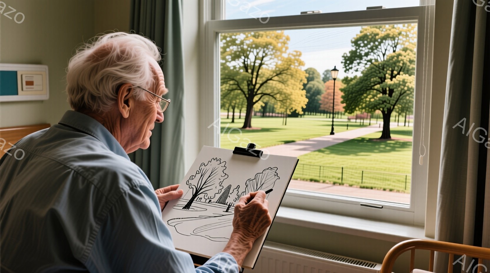 白髪の老人が窓辺でスケッチブックに向かい、鉛筆で風景を描いている。彼は薄いブルーのシャツを着ており、姿勢はリラックスしているが集中力があるように見える。背景には緑豊かな公園が広がり、木々や遊歩道、遠くの建物が見え、晴天の下、穏やかな雰囲気が漂っている。