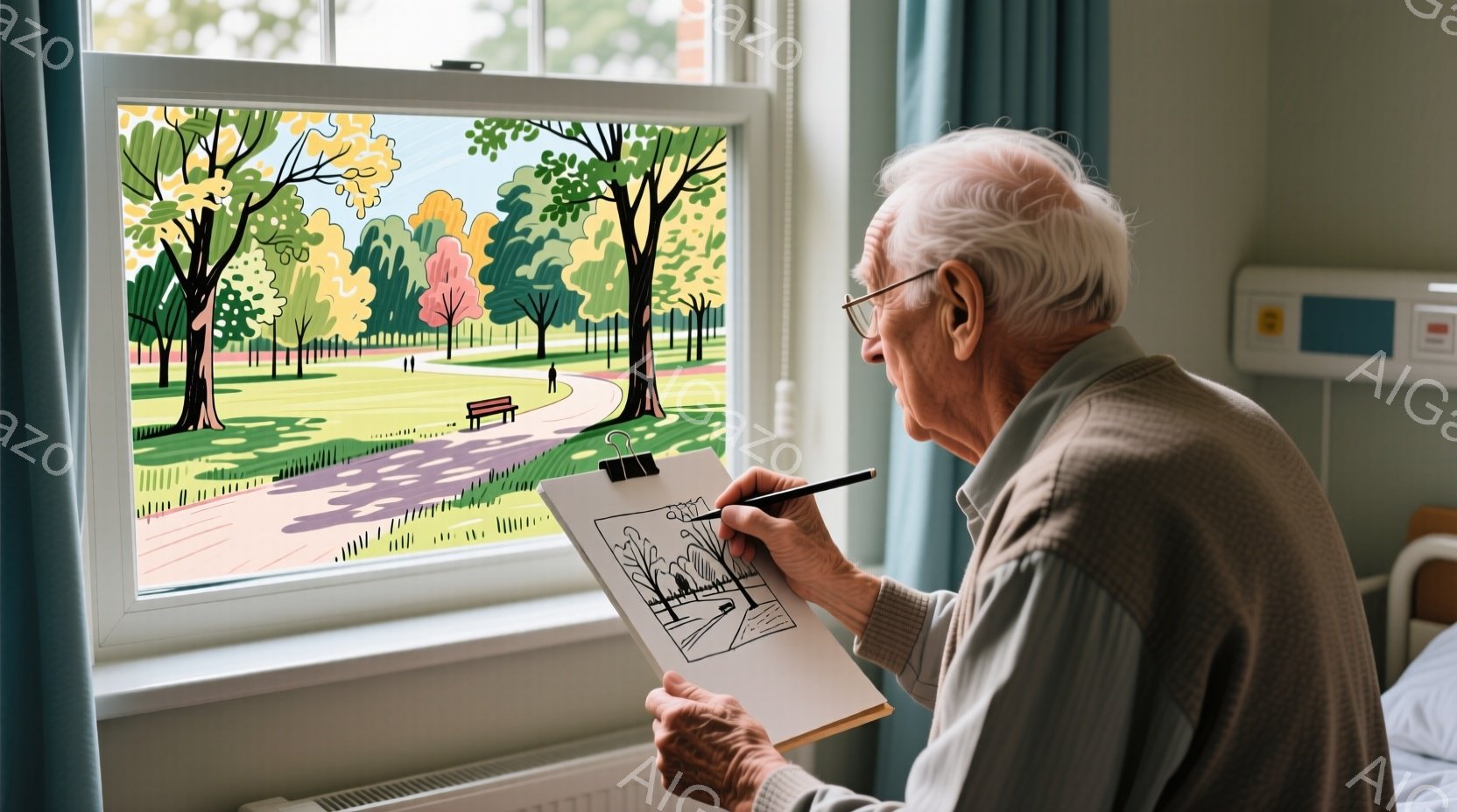 白髪で皺の多い高齢の男性が、窓辺でスケッチブックに向かって絵を描いている。彼はグレーのセーターを着ており、眼鏡をかけている。背景には緑豊かな公園が見え、穏やかな日差しが差し込み、静かで平和な雰囲気が漂 - AI生成フリー素材