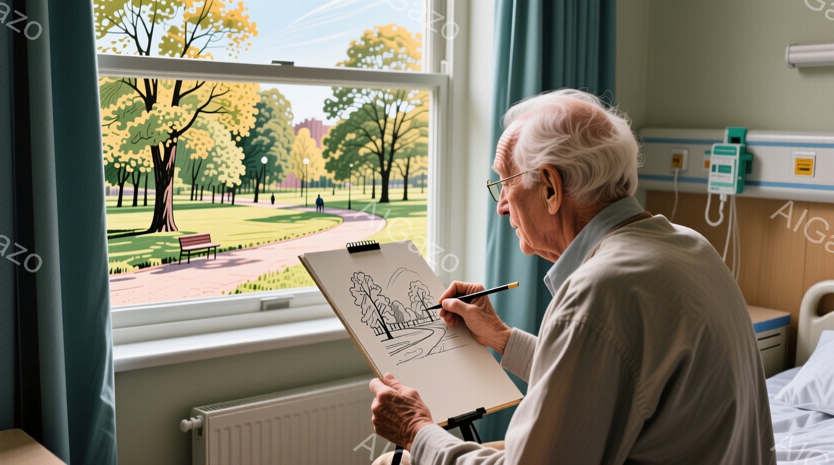 白髪の老人がベッドに座り、イーゼルに固定されたスケッチブックに鉛筆で風景を描いています。彼はグレーのセーターを着ており、集中した表情で筆を動かしています。背景には窓から見える緑豊かな公園と、晴れた日の穏やかな光が差し込んでいます。