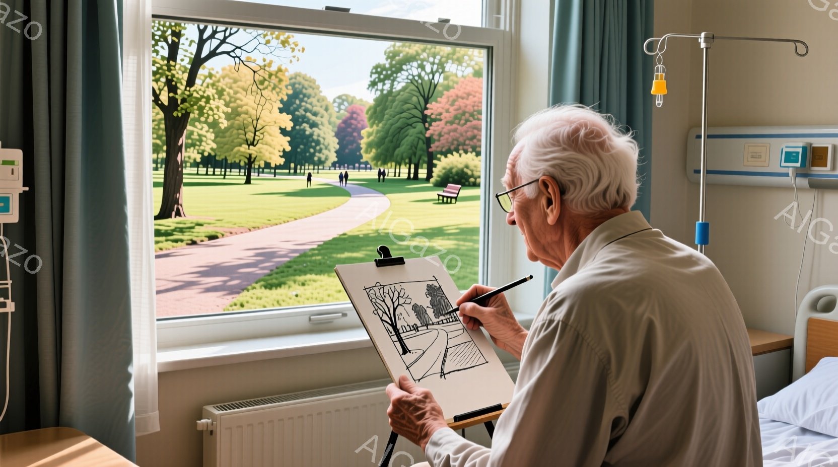 白髪の老人が窓辺でイーゼルに向かい、風景画を描いている。彼は薄い灰色のシャツを着ており、姿勢はやや前かがみで、集中した表情をしている。窓の外には緑豊かな公園が広がり、道には人が歩き、遠くには木々が見える穏やかな晴天の風景が広がっている。
