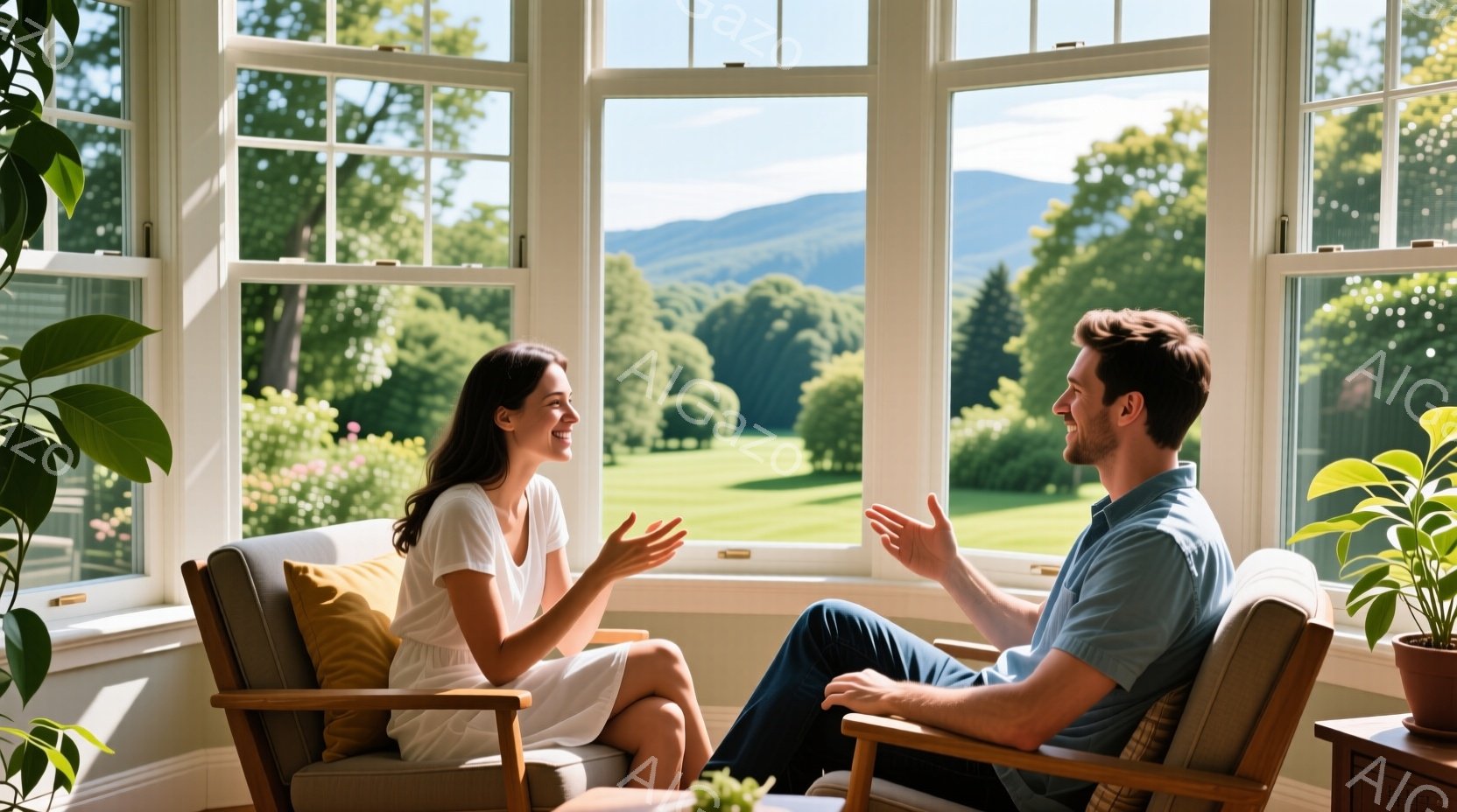 窓辺の椅子に座る男女が穏やかに会話をしています。女性は白いワンピースを着ており、少し微笑みながら身振り手振りを交えて話しています。背景には緑豊かな庭園と山々が広がり、晴れた日の穏やかな雰囲気が伝わってきます。