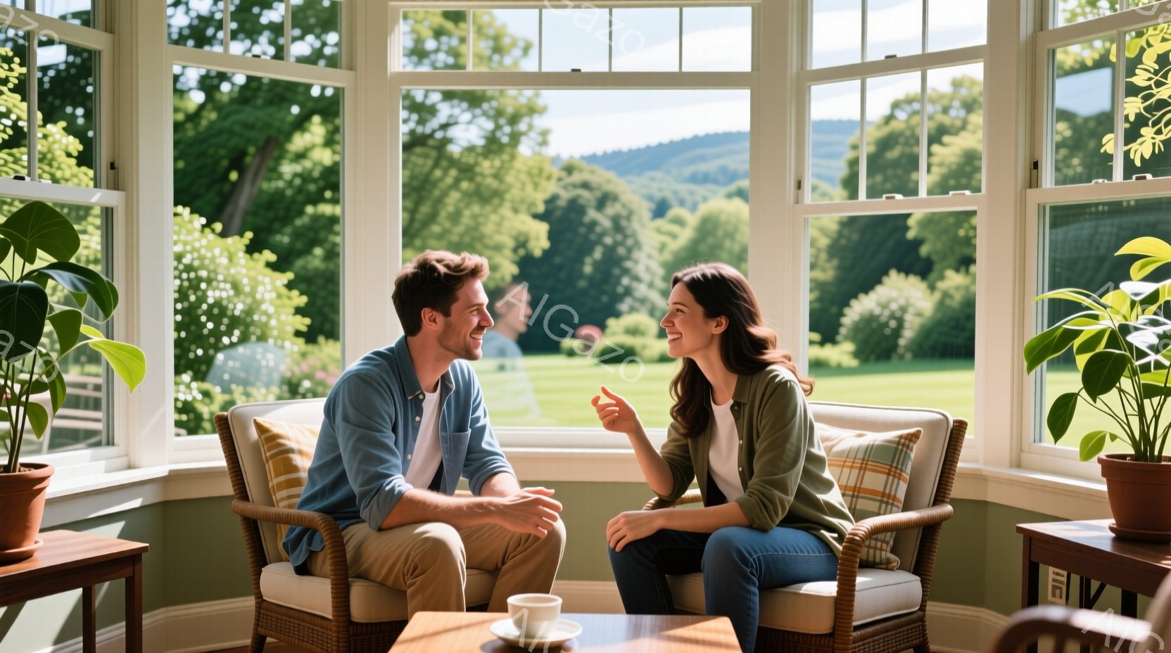 若い男女が窓辺の椅子に座り、会話を楽しんでいる様子が描かれています。男性は水色のシャツを着ており、女性は緑色のシャツとジーンズを着用し、笑顔で身を乗り出しています。背景には緑豊かな丘陵地帯が広がり、穏やかな晴天の下、リラックスした雰囲気が漂っています。