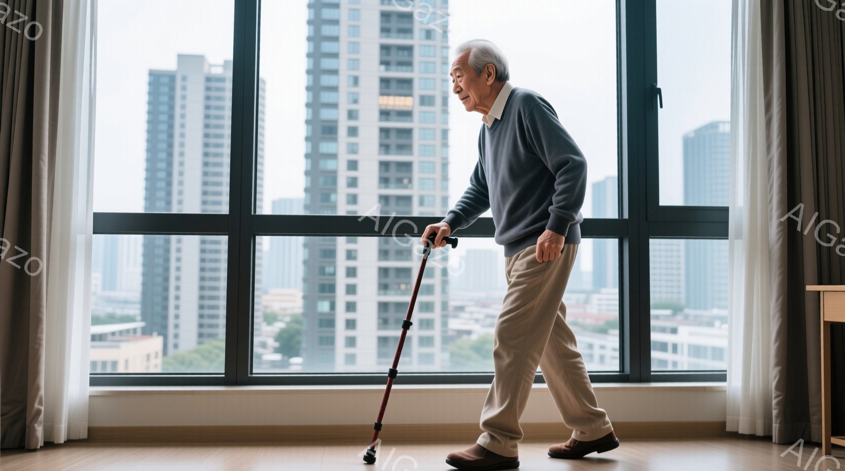 白髪で少ししわがれた顔をした高齢の男性が、室内で杖をつきながら歩いている。彼はベージュのズボンに濃い青のセーターを着用し、茶色の革靴を履いている。背の高い建物が並ぶ都市の風景が背景に見え、室内は明るく開放的な雰囲気である。