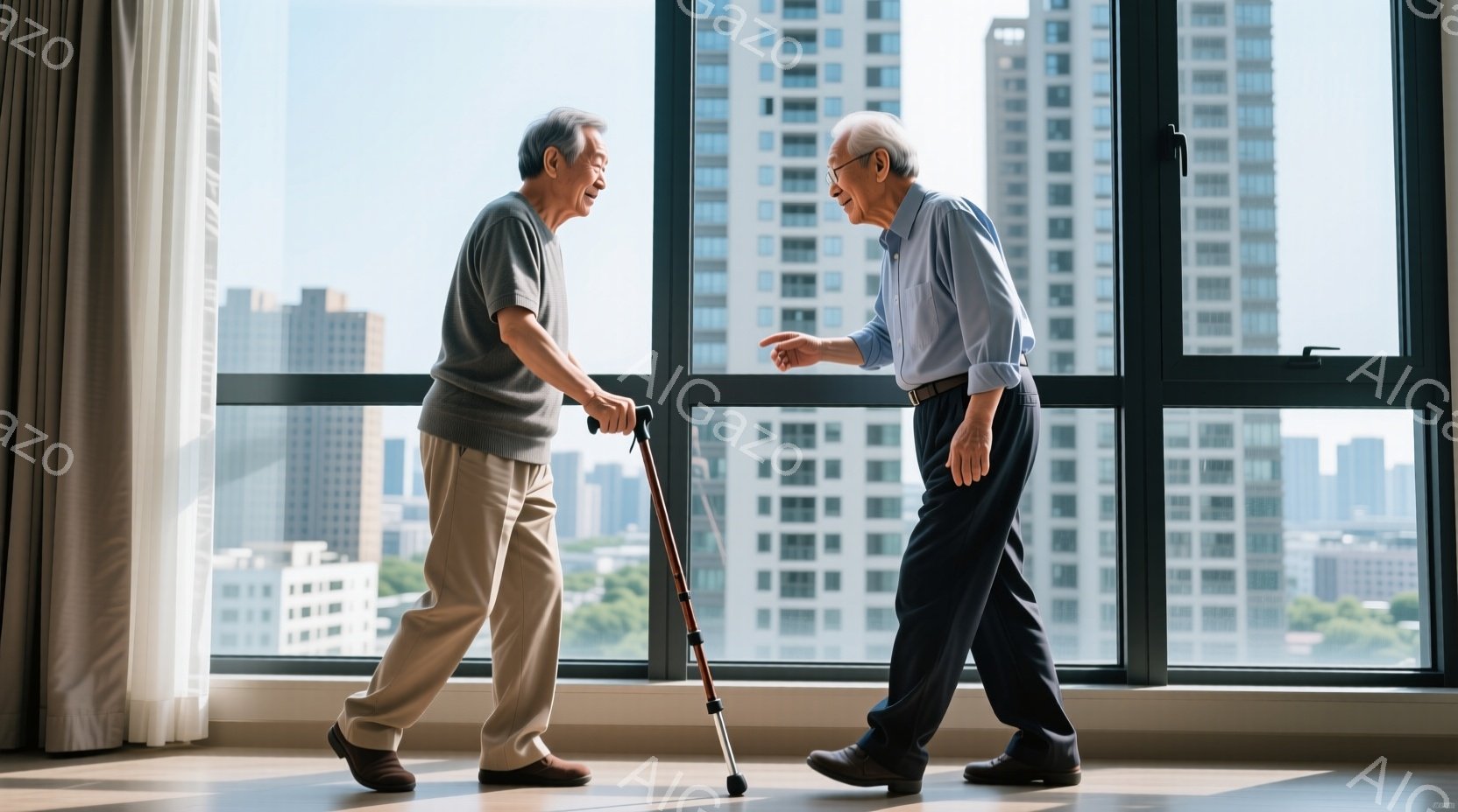 室内で、杖をついた年配の男性が別の年配の男性と対面している。二人はカジュアルな服装で、片方の男性はグレーのTシャツとベージュのズボン、もう片方の男性は青いシャツと濃いズボンを着用し、互いに身振り手振りで会話を楽しんでいるようだ。背景には高層ビル群が見え、晴れた日の穏やかな雰囲気が感じられる。