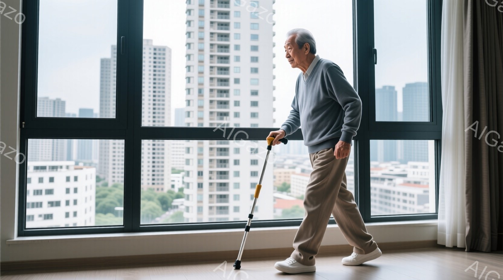 白髪の男性が、歩行補助具を使って室内を歩いている。彼はベージュのズボンに水色のセーター、白いスニーカーを履いており、少し前かがみの姿勢で歩を進めている。背景には高層ビル群が広がり、窓からの光が室内を照 - AI生成フリー素材