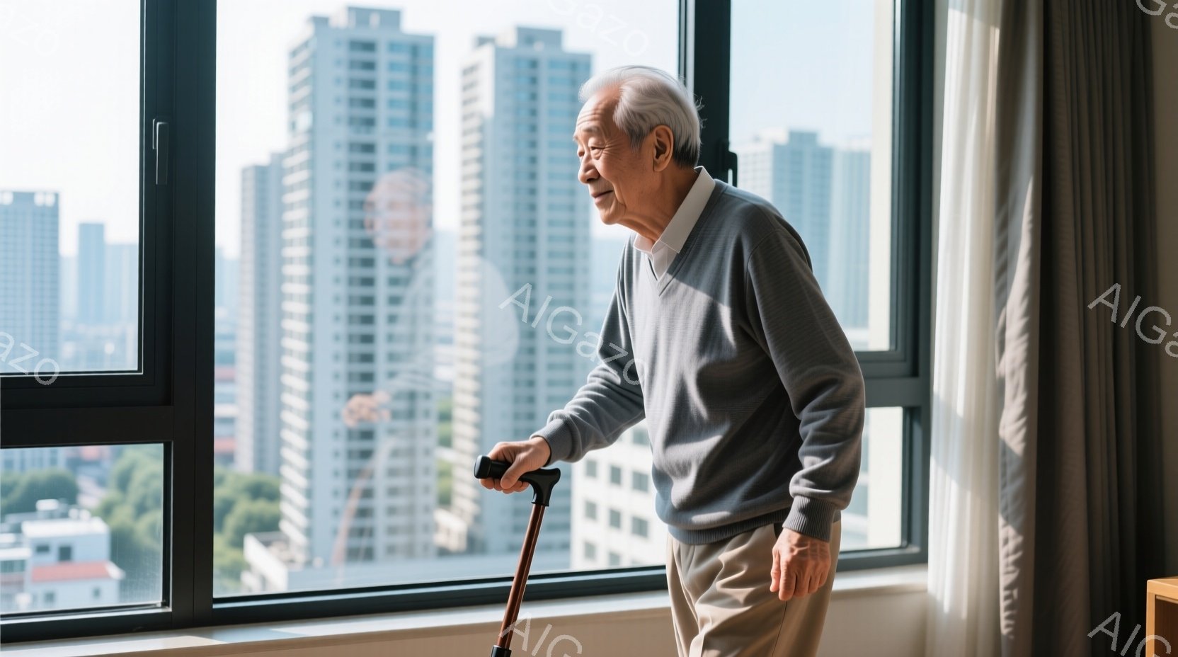 白髪で少し皺のある高齢の男性が、窓辺に立って杖をついています。彼はベージュ色のズボンにグレーのセーターを着ており、少し前かがみの姿勢で、遠くを見つめています。窓の外には高層ビル群が広がっており、晴れた - AI生成フリー素材