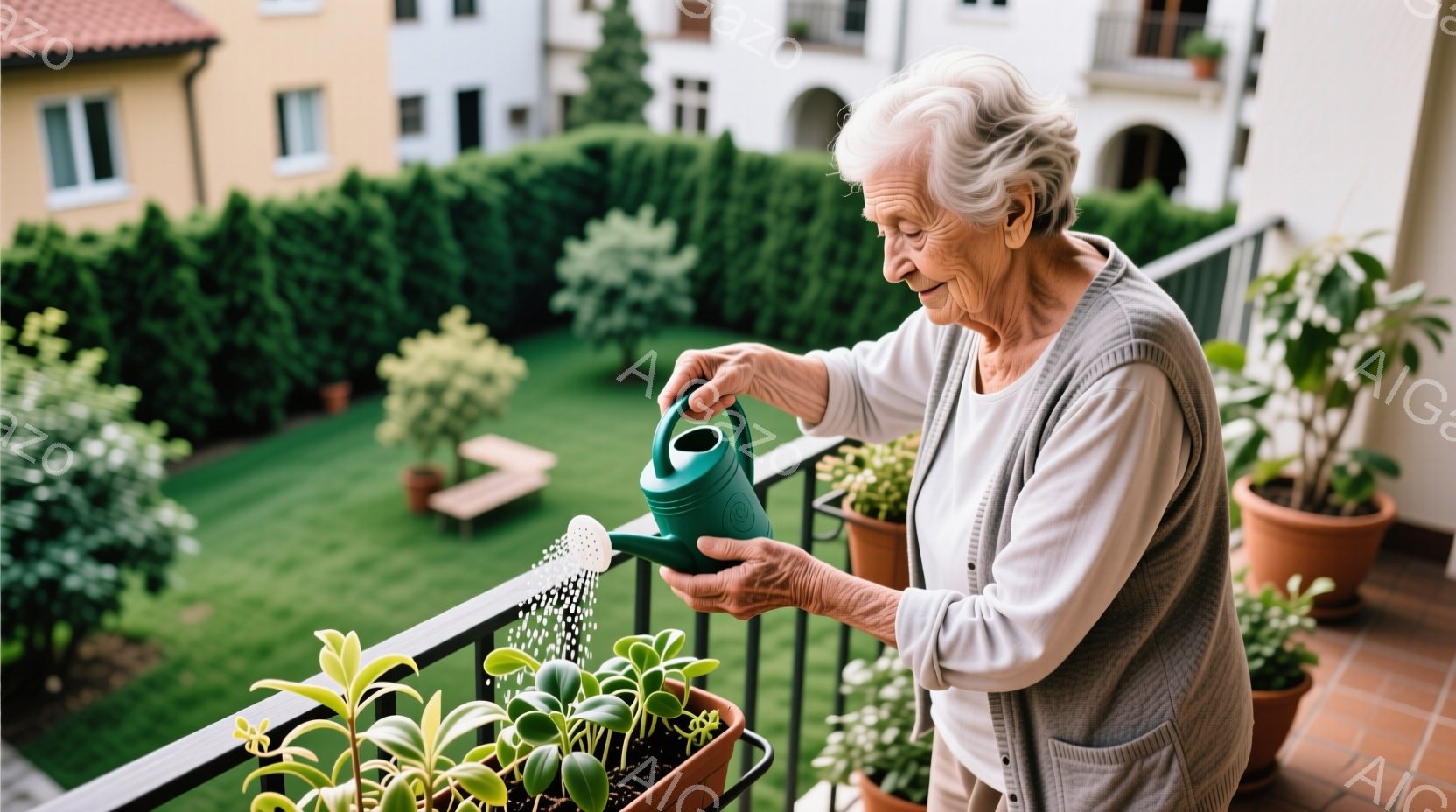 白髪の老婦人がバルコニーで植物に水をやっています。彼女はグレーのセーターベストと薄いブルーのシャツを着ており、髪は後ろで優雅にまとめられています。背景には緑豊かな庭園と白い建物が見え、穏やかで平和な雰 - AI生成フリー素材
