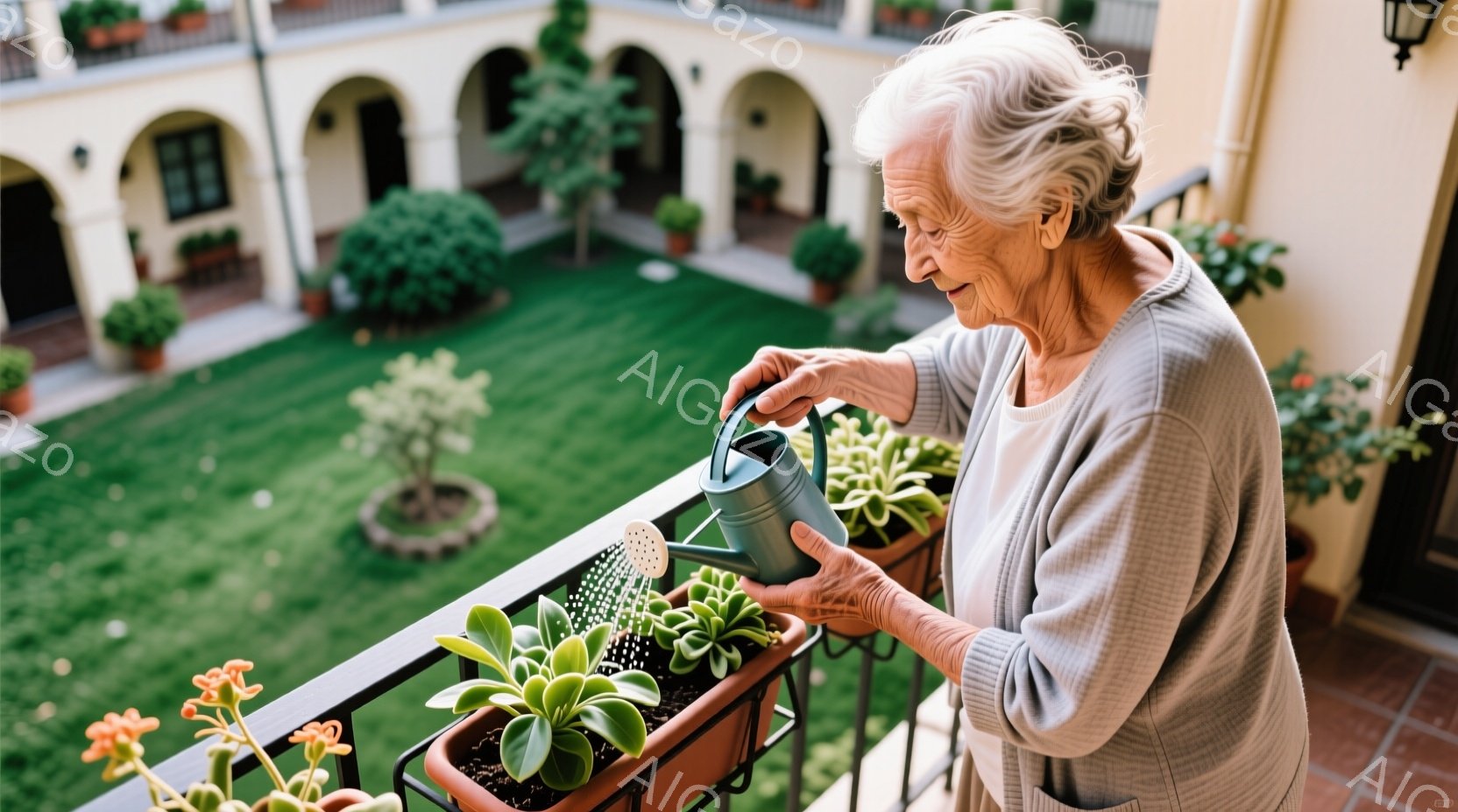 白髪の女性がバルコニーで植物に水をやっています。彼女は薄い灰色のカーディガンを着ており、髪は白く短く、穏やかな表情をしています。背景には、緑豊かな庭園、アーチ状の建物、そして明るい日差しが差し込む穏や - AI生成フリー素材