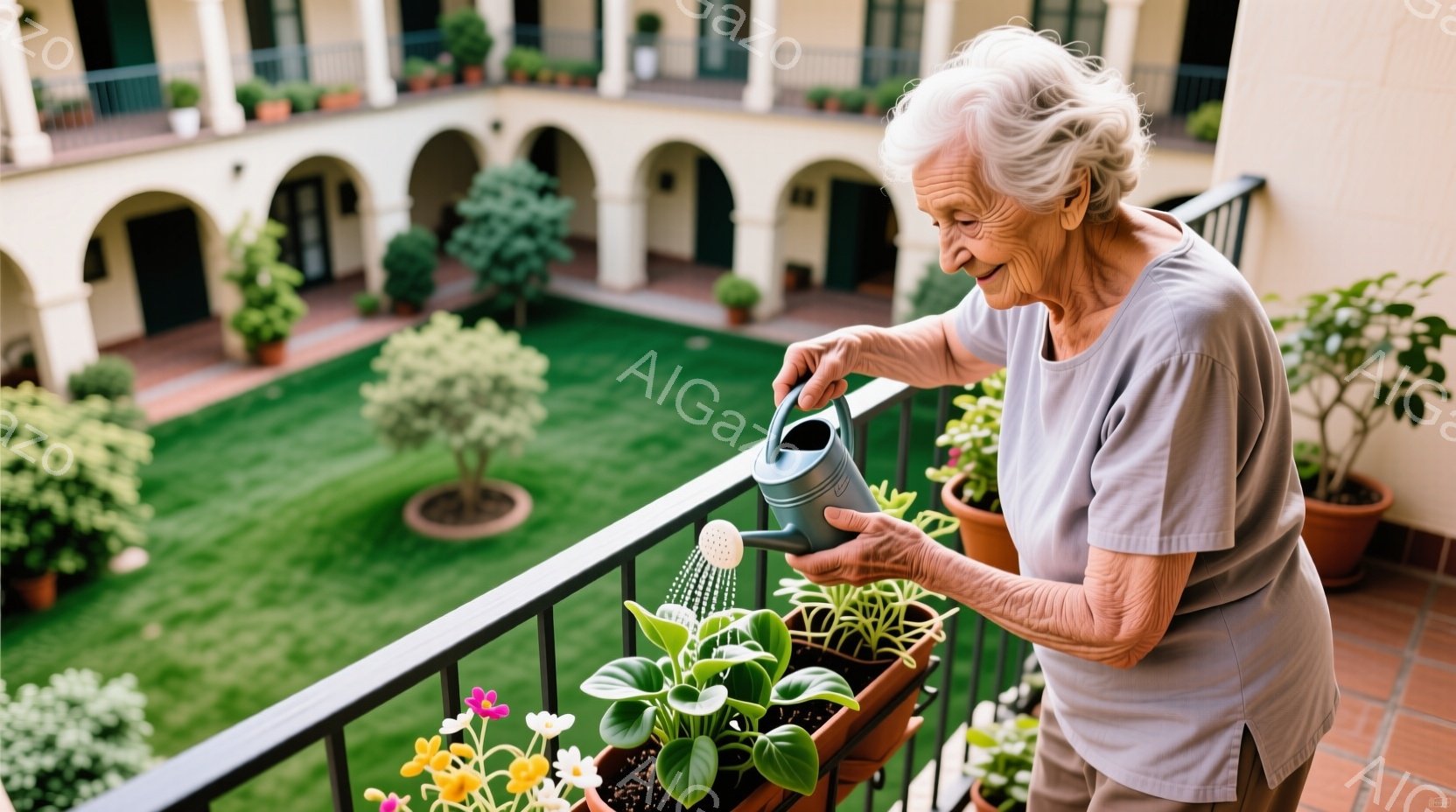 白髪の女性がバルコニーで植物に水やりをしている様子が写っています。彼女は薄いグレーのTシャツを着ており、顔には穏やかな微笑みが浮かんでいます。背景には、緑豊かな庭園とアーチ状の建物が見え、穏やかで平和 - AI生成フリー素材
