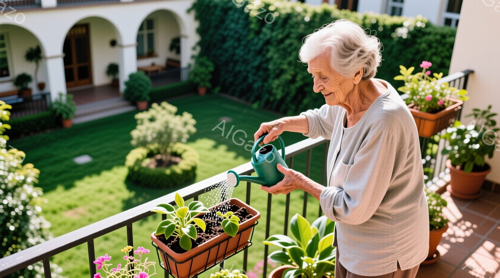 白髪で少ししわがれたおばあさんが、バルコニーの手すりに寄りかかり、ジョウロでプランターの花に水をやっています。彼女は薄いグレーの長袖シャツを着ており、穏やかで幸せそうな表情をしています。背景には緑豊か - AI生成フリー素材