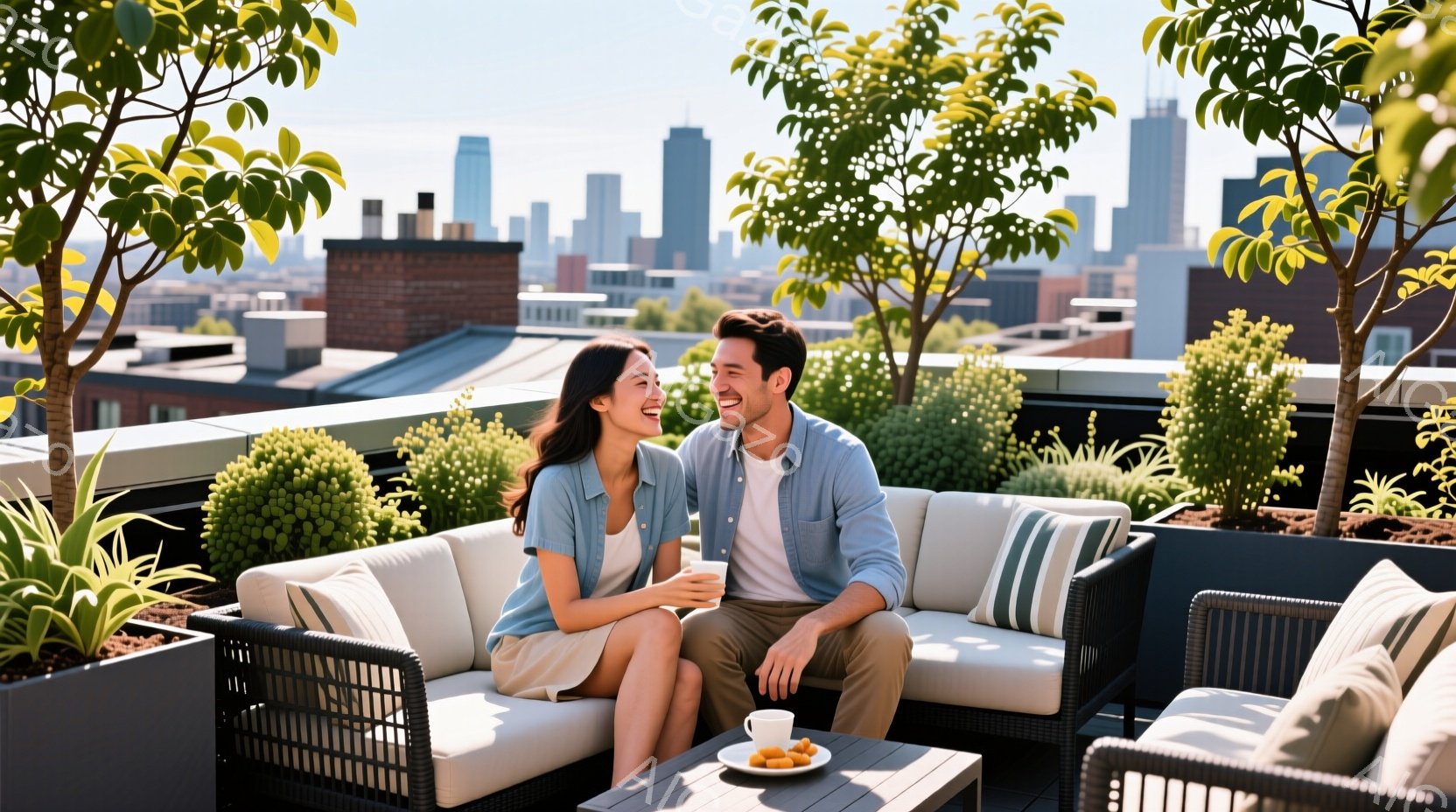 屋上テラスに若い男女が向かい合って座り、微笑み合っている。女性は水色のシャツにショートヘアで、男性は明るい青色のシャツを着ており、リラックスした表情をしている。背景には高層ビル群が広がり、緑豊かな植栽と晴天が、穏やかで洗練された雰囲気を醸し出している。