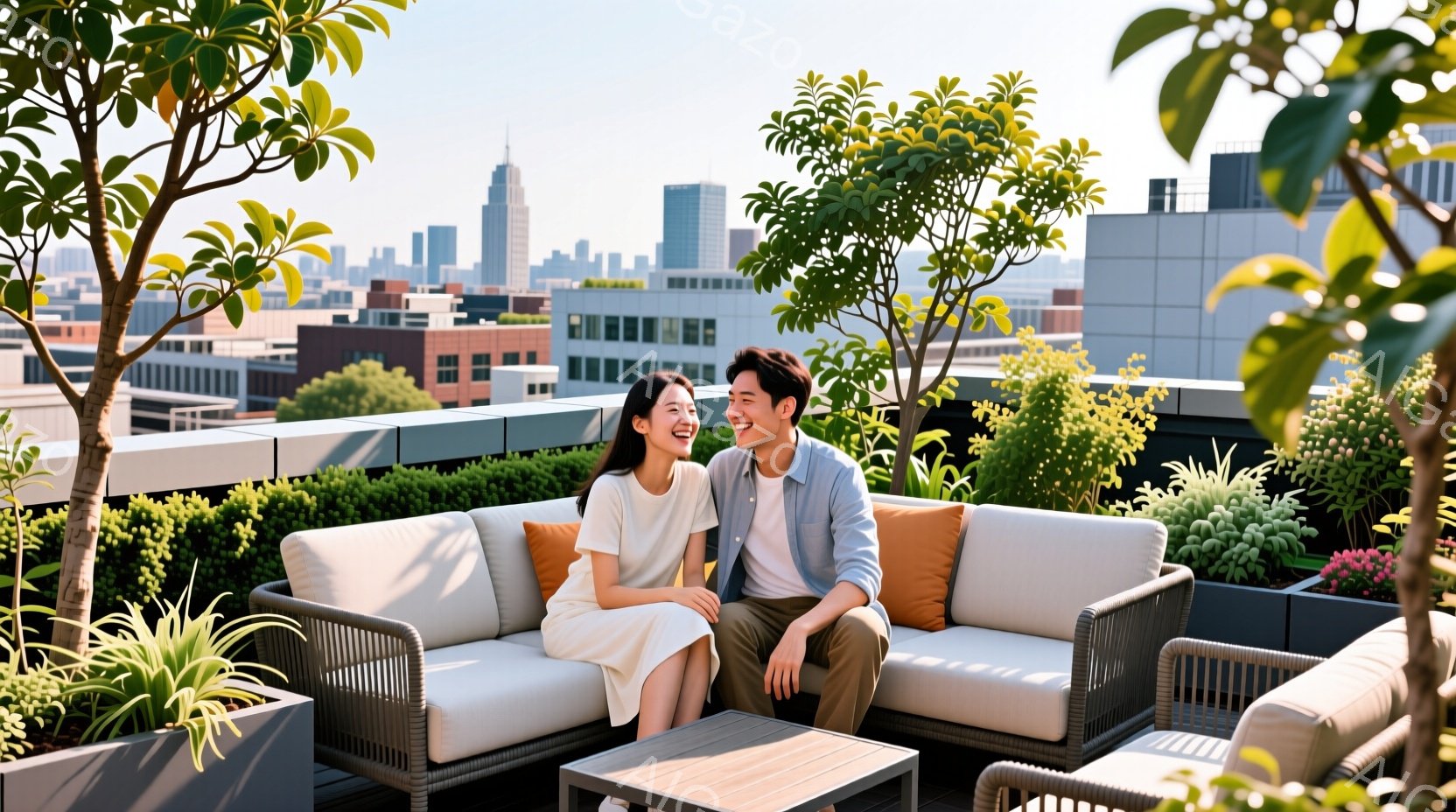 屋上テラスで、若い男女が白いソファーに並んで座り、笑顔で互いを見つめ合っています。女性は白いワンピースを着ており、男性は水色のシャツを着用し、どちらもリラックスした雰囲気です。背景には高層ビル群が広がり、緑豊かな植栽と晴天が、心地よい空間を演出しています。