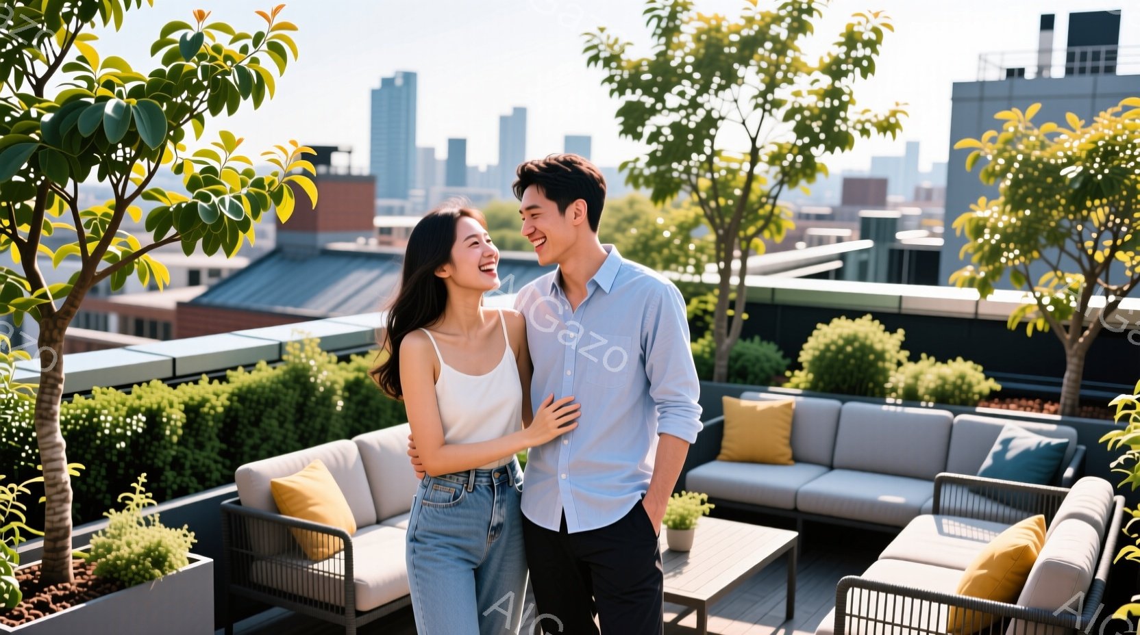 写真には2人があり、互いに笑顔を見せる様子です。男性は半腹から描かれ、青色のカラフルなシャツを着ています。女性は白色のトップスとジーンズを着ており、髪はポニーテイル風になっています。2人は腹絞みで抱き - AI生成フリー素材