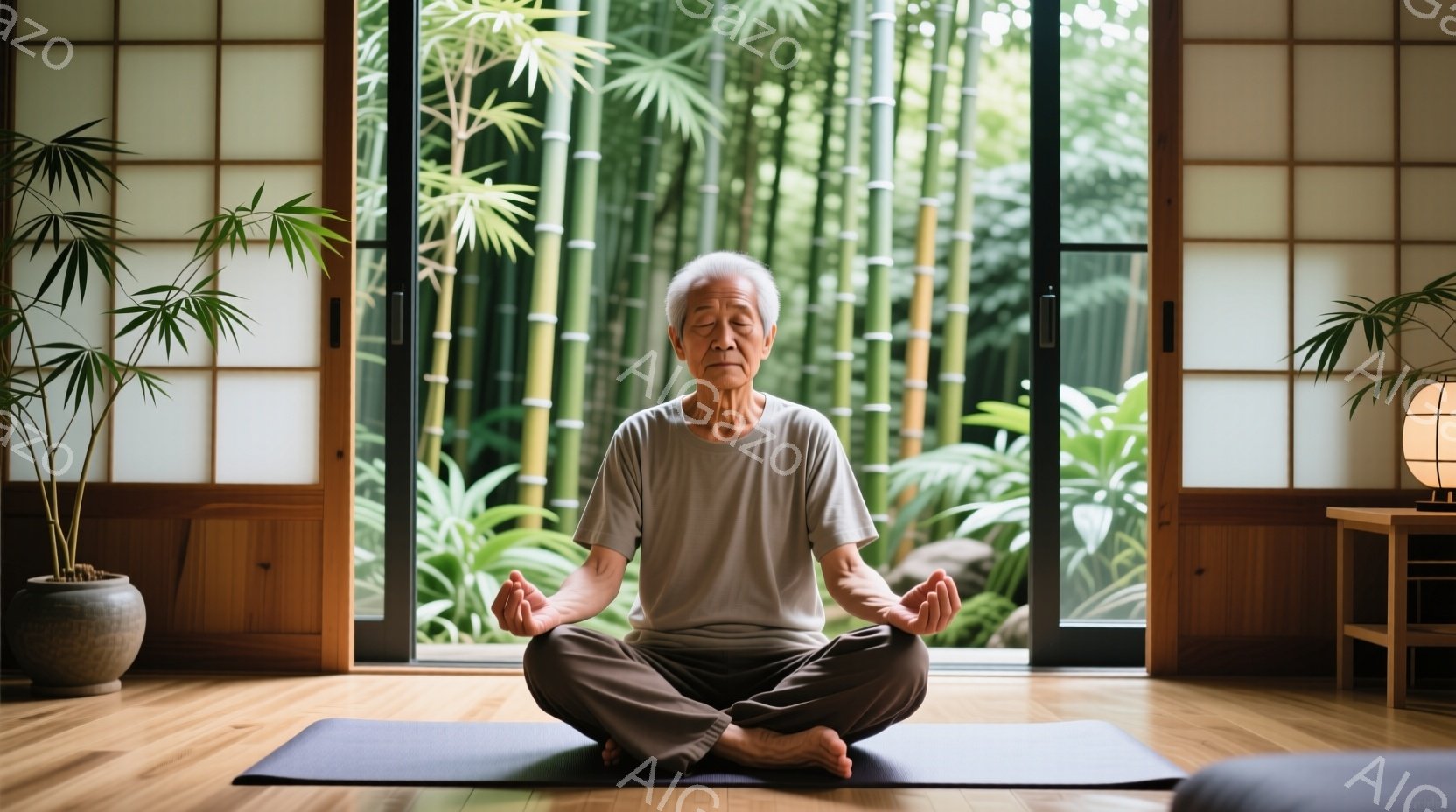白髪の老人が、薄茶色の服装で座禅を組んでいます。穏やかな表情で目を閉じ、瞑想に集中している様子が伝わってきます。背景には、開いた障子戸と緑豊かな竹林が広がり、静かで落ち着いた雰囲気を醸し出しています。