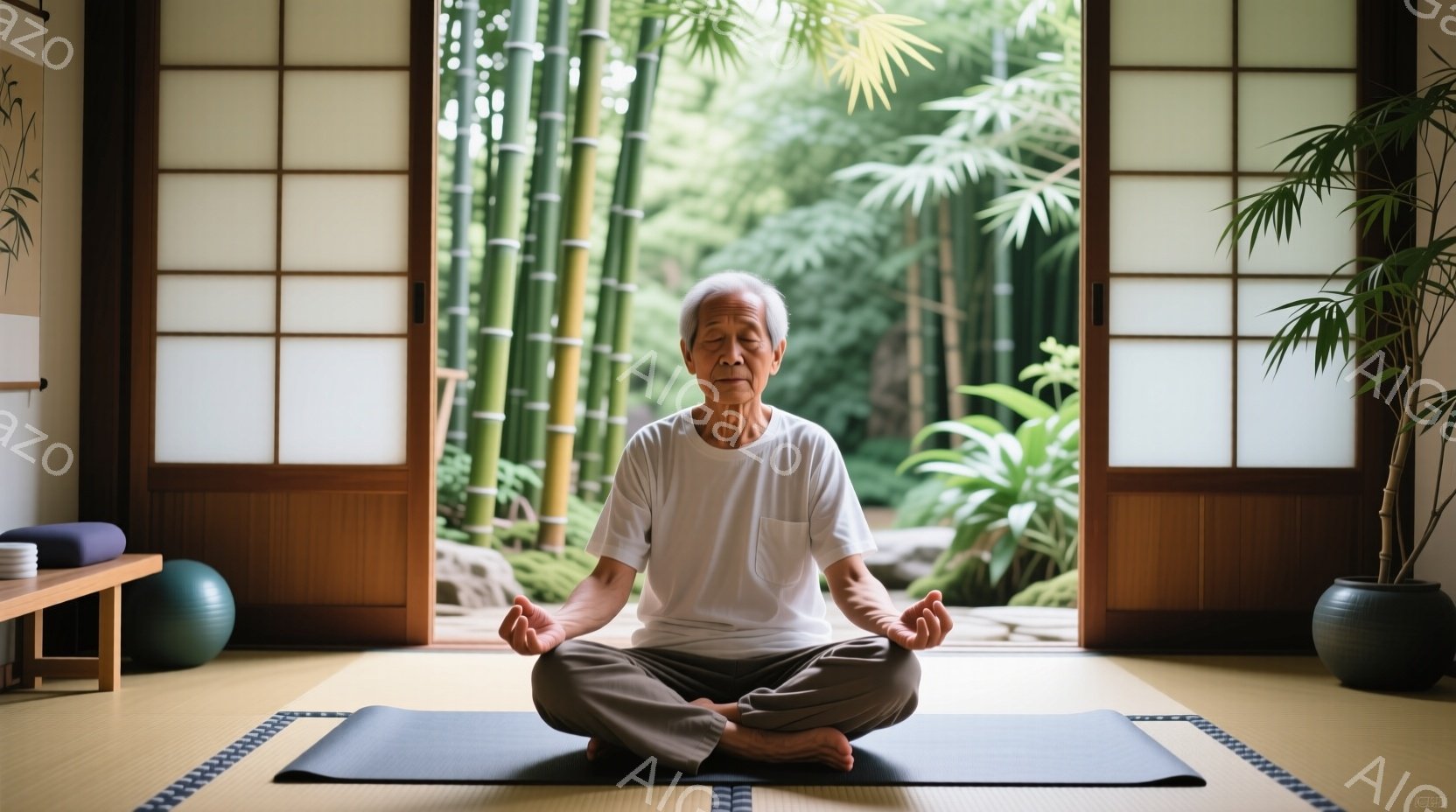 白いTシャツを着た高齢の男性が、畳の上に敷かれたヨガマットの上で座禅を組んでいます。彼は目を閉じ、穏やかな表情で静かに瞑想しており、髪は白髪で短く整えられています。背景には、開いた障子と竹林が広がり、 - AI生成フリー素材
