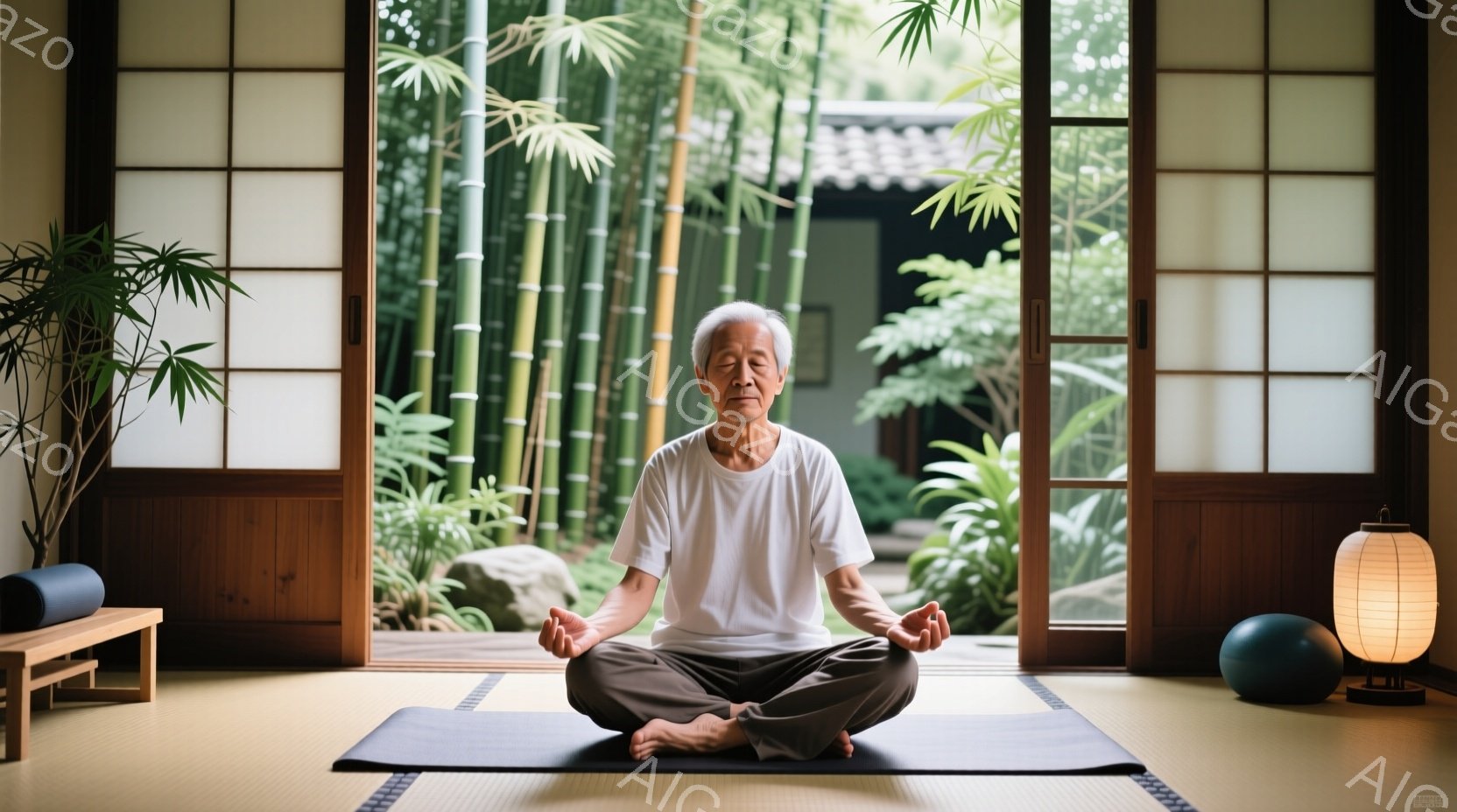 白髪の老人が畳の上に座禅を組んで瞑想しています。白いTシャツを着ており、表情は穏やかで、目は閉じられています。背景には竹林が広がり、障子窓から柔らかな光が差し込み、静かで穏やかな雰囲気を醸し出しています。