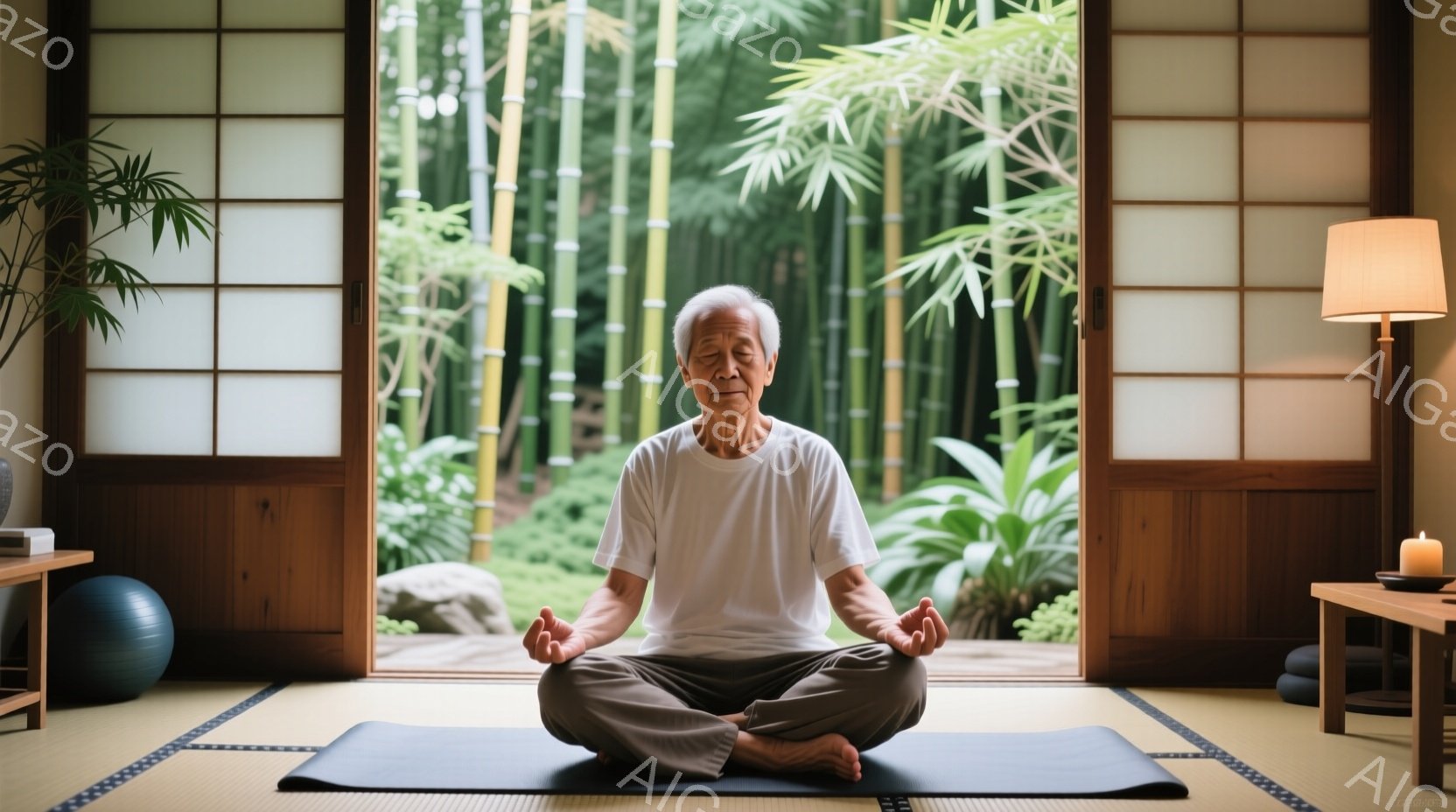 白髪の老人が畳の上で座禅を組んでいます。白いTシャツと濃いグレーのズボンを着用し、穏やかな表情で目を閉じ、瞑想に集中しています。背景には竹林が見え、明るい日差しが差し込み、静かで平和な雰囲気を醸し出しています。