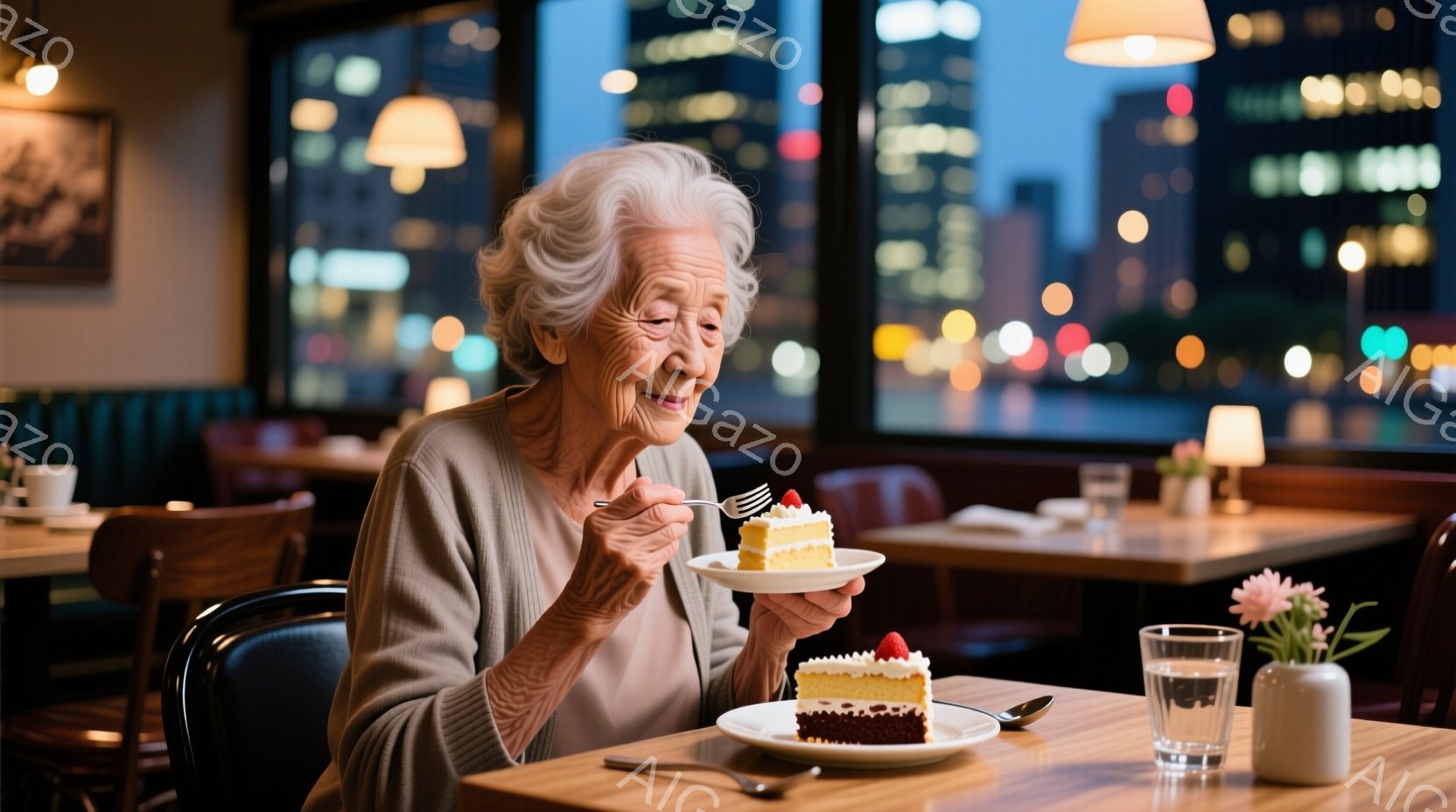 白髪の老婦人が、フォークを使ってスライスされたケーキを美味しそうに食べている。彼女はベージュのセーターを着ており、穏やかな微笑みを浮かべている。背景には夜景が広がり、暖色系の照明がレストランの落ち着い - AI生成フリー素材