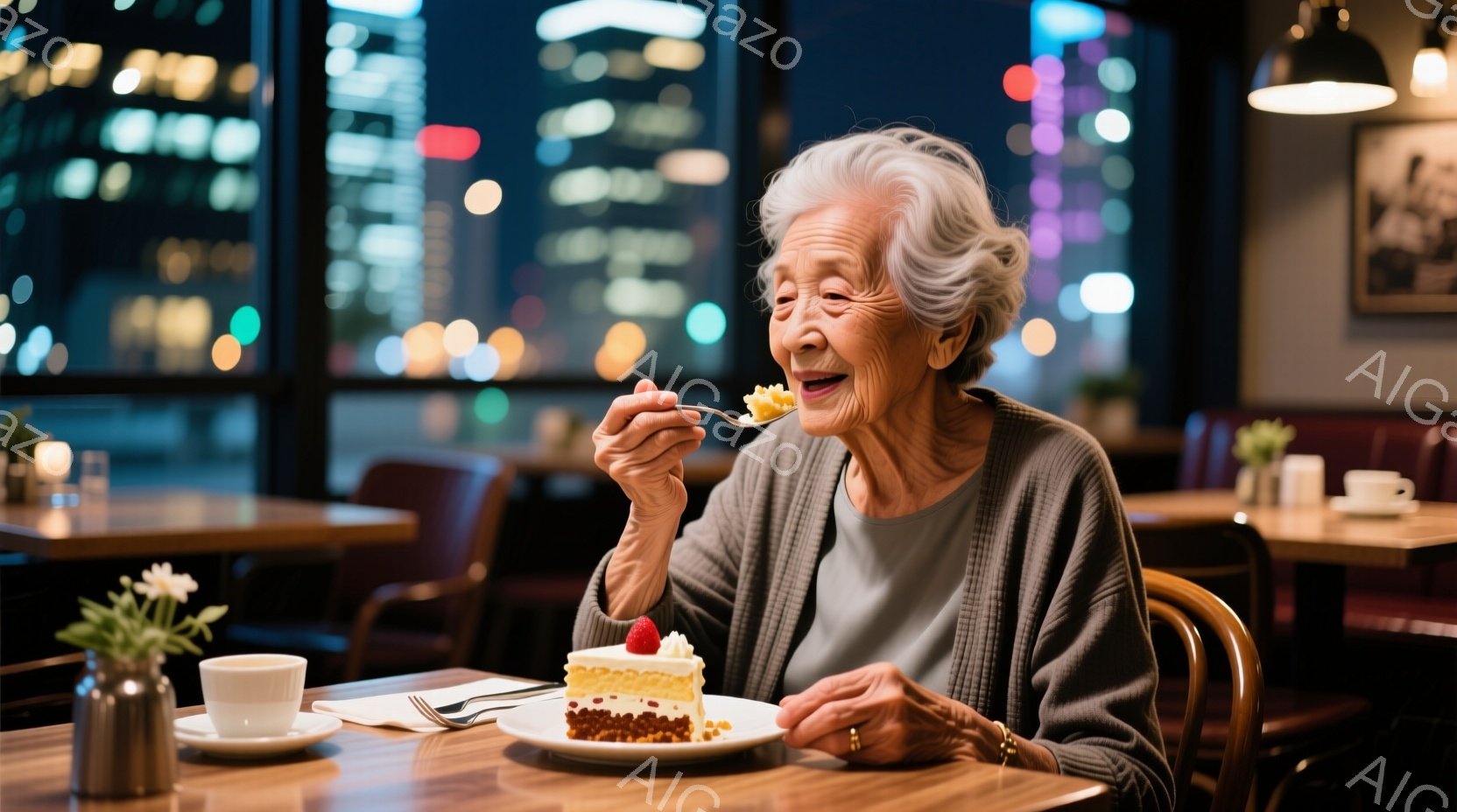 白髪の女性が、赤い実の乗ったケーキをフォークで口に運んでいます。グレーのセーターを着ており、楽しそうな笑顔を浮かべています。背景には、夜景が広がり、暖色系の照明が灯ったレストランのテーブルが並んでいます。