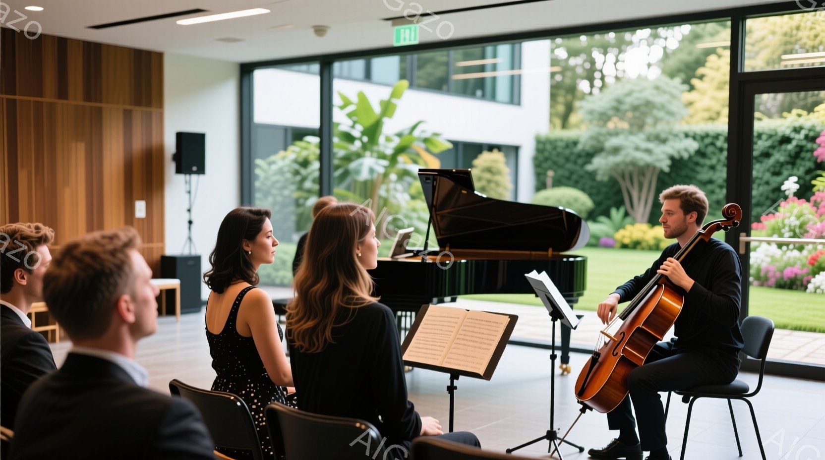 室内では、チェリストが演奏しており、数人の聴衆が椅子に座って鑑賞している。聴衆はフォーマルな服装で、女性は黒いドレス、男性はスーツを着用しており、皆、集中した表情で演奏に耳を傾けている。背景には大きな窓と緑豊かな庭園があり、晴れた日の穏やかな雰囲気が感じられる。