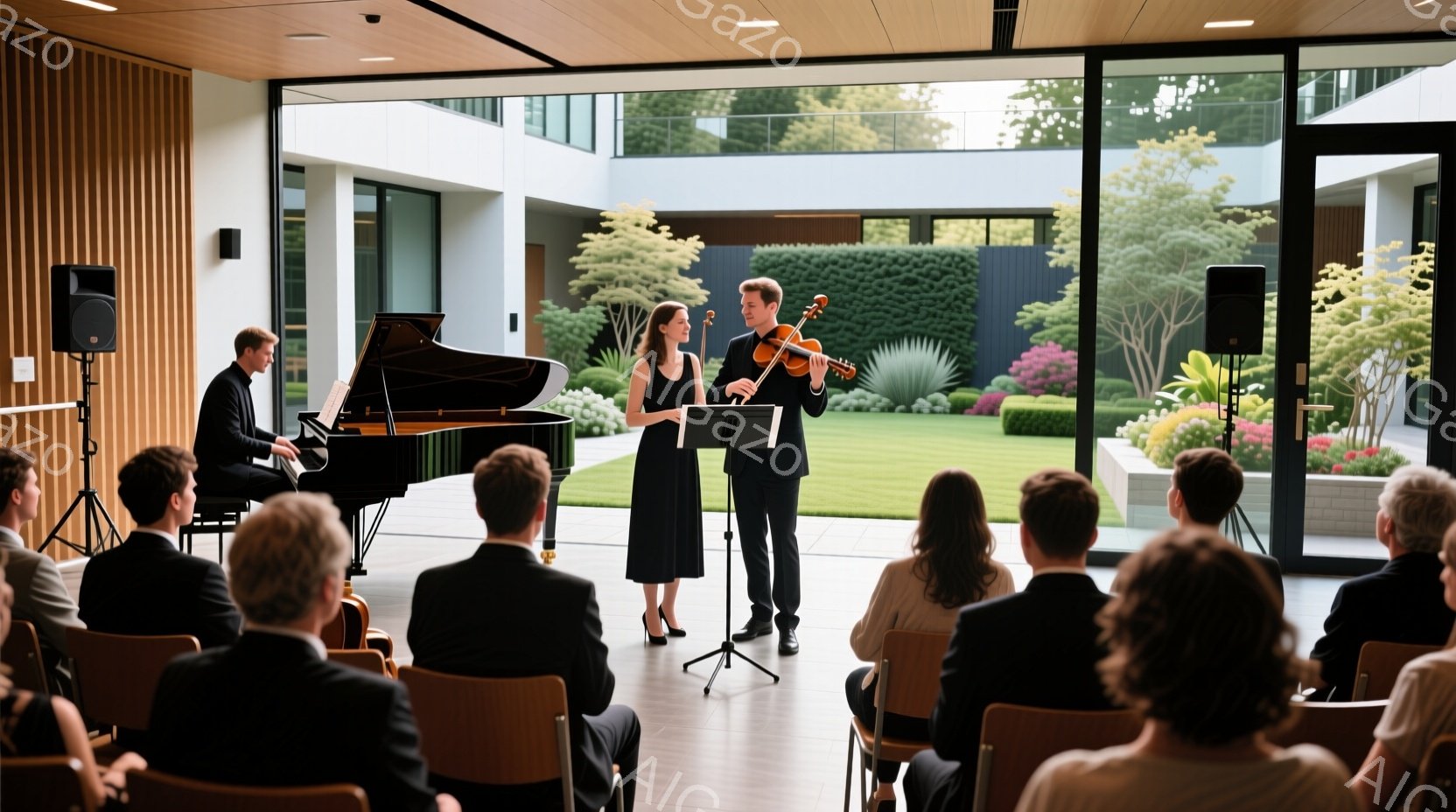 室内では、ピアノを弾く男性とバイオリンを演奏する女性がコンサートを行っています。観客は整然と椅子に座り、演奏に耳を傾けており、室内は木製のパネルと大きな窓で明るく、背景には緑豊かな庭園が広がっています。全体として、上品で落ち着いた雰囲気の室内コンサートの様子が伺えます。