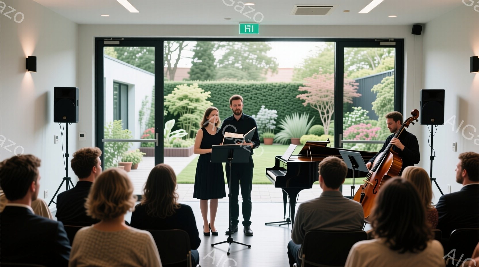 室内では、黒い服を着た男性と女性が楽譜を前に立って歌っている様子が映し出されている。観客は椅子に座り、彼らの方を向いており、背中が見えている。背景には大きな窓と緑豊かな庭園が見え、晴れた日の穏やかなコンサートの雰囲気が漂っている。