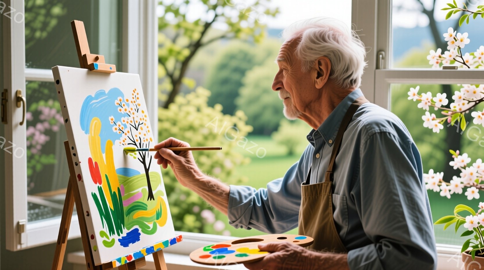 白髪の老人がイーゼルに向かい、キャンバスに絵を描いています。彼は薄い青色のシャツにエプロンを着用しており、集中した表情で筆を動かしています。背景には緑豊かな庭と、窓から差し込む柔らかい光があり、穏やかで平和な雰囲気が漂っています。