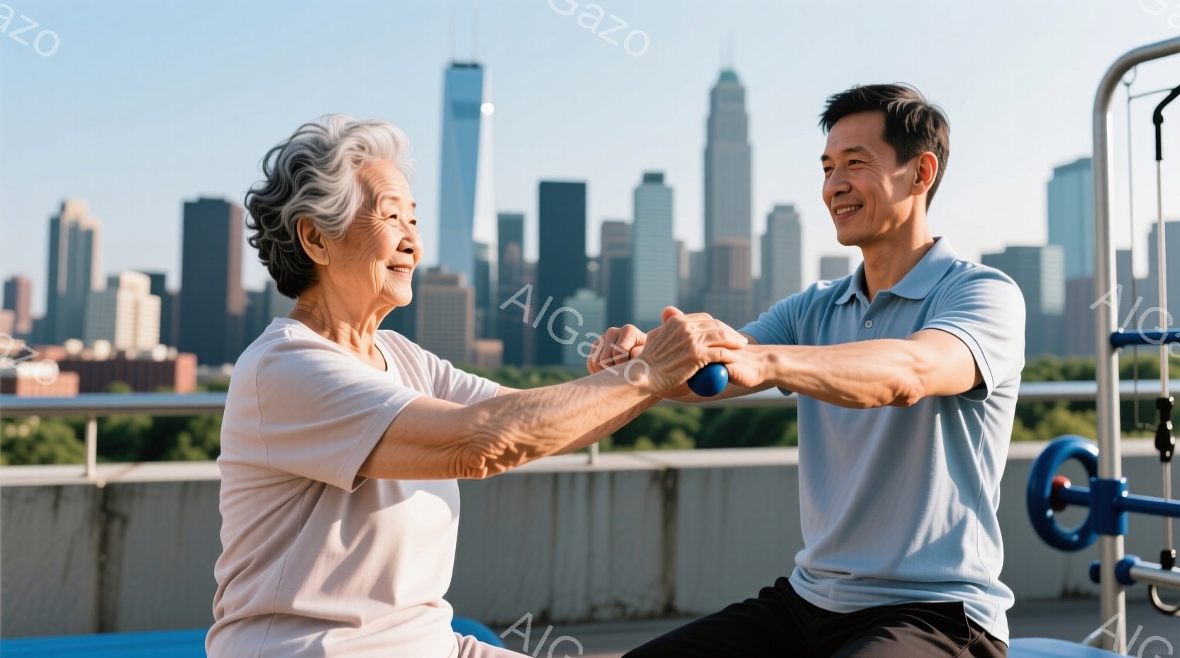 白髪の女性と若い男性が、屋外のトレーニングスペースでリハビリテーションの運動をしている様子が写っています。女性はグレーのTシャツを着ており、男性は水色のポロシャツを着ています。背景には、晴れた空の下、高層ビル群が広がっており、爽やかで健康的な雰囲気が漂っています。