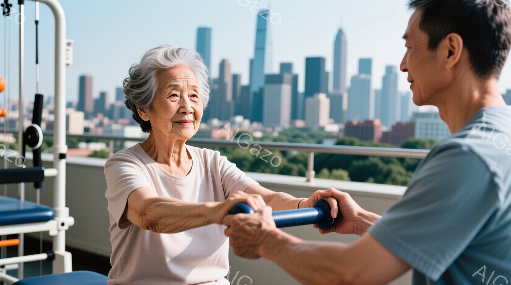 白髪の女性がピンク色のシャツを着て、リハビリ用の青いダンベルを男性トレーナーに支えられながら腕を伸ばしています。二人は屋外のジムのような場所で、背景には高層ビル群が広がり、晴天の下、穏やかな雰囲気です - AI生成フリー素材