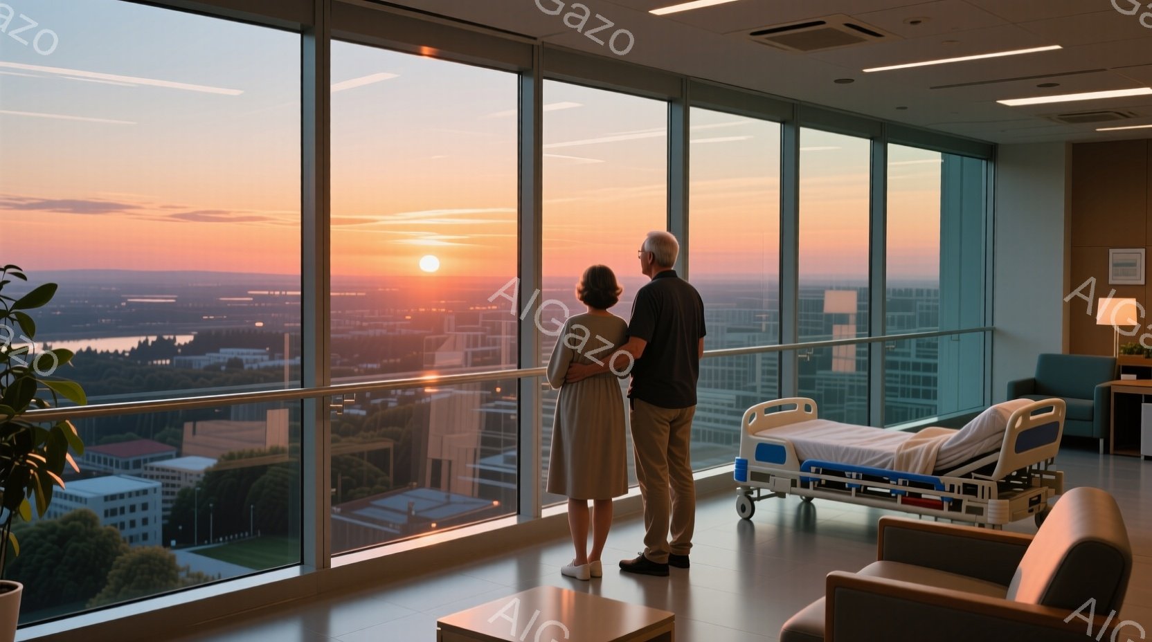 年配の夫婦が病院の大きな窓から夕焼けを見ている。女性はグレーのワンピースを着ており、男性は紺色のシャツとズボンを着用し、お互いに寄り添っている。背景には、夕焼けに照らされた都市のスカイラインと緑豊かな - AI生成フリー素材