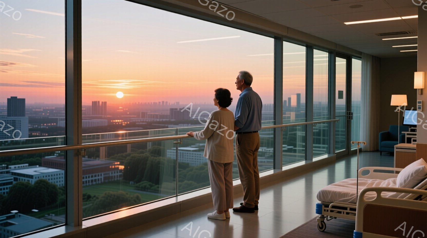 高層ビルの窓辺に、年配の男女が並んで立っている。男性は紺色のシャツにベージュのズボンを、女性は薄いピンクのセーターと薄い紫のズボンを身に着けており、共にリラックスした表情で遠くの街並みを見つめている。 - AI生成フリー素材